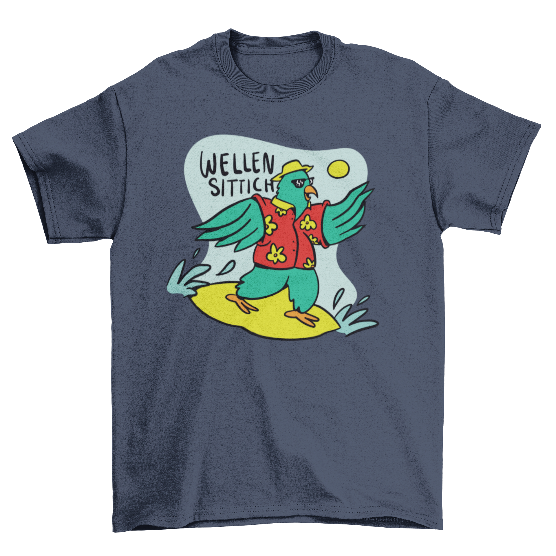 Colorful t-shirt featuring a cartoon parrot surfing with a German quote, perfect for beach lovers.