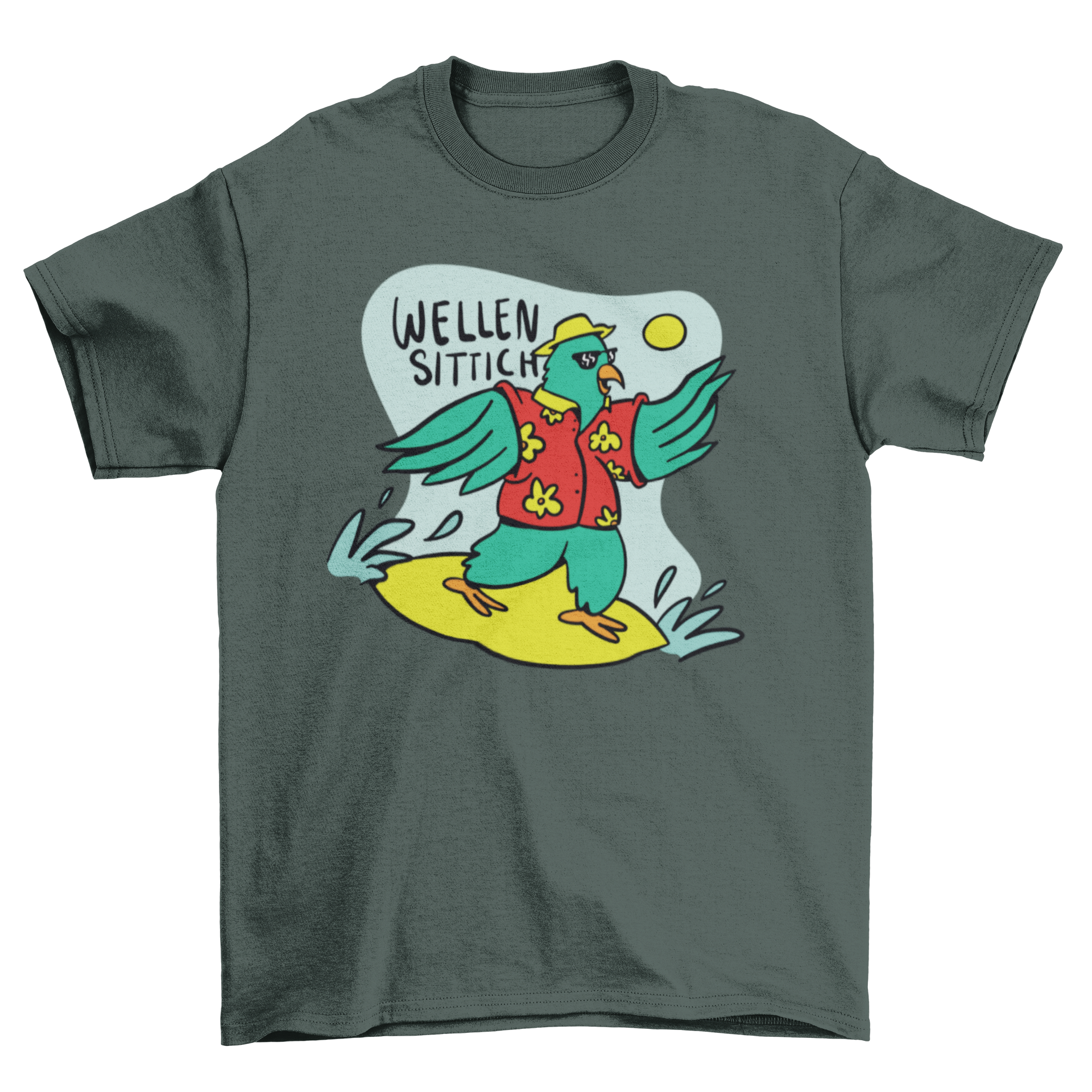 Colorful t-shirt featuring a cartoon parrot surfing with a German quote, perfect for beach lovers.
