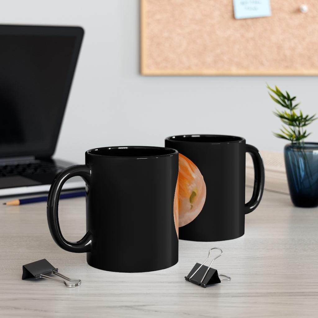 Sushi 11oz black ceramic mug with a C-handle, perfect for coffee, tea, or hot chocolate.