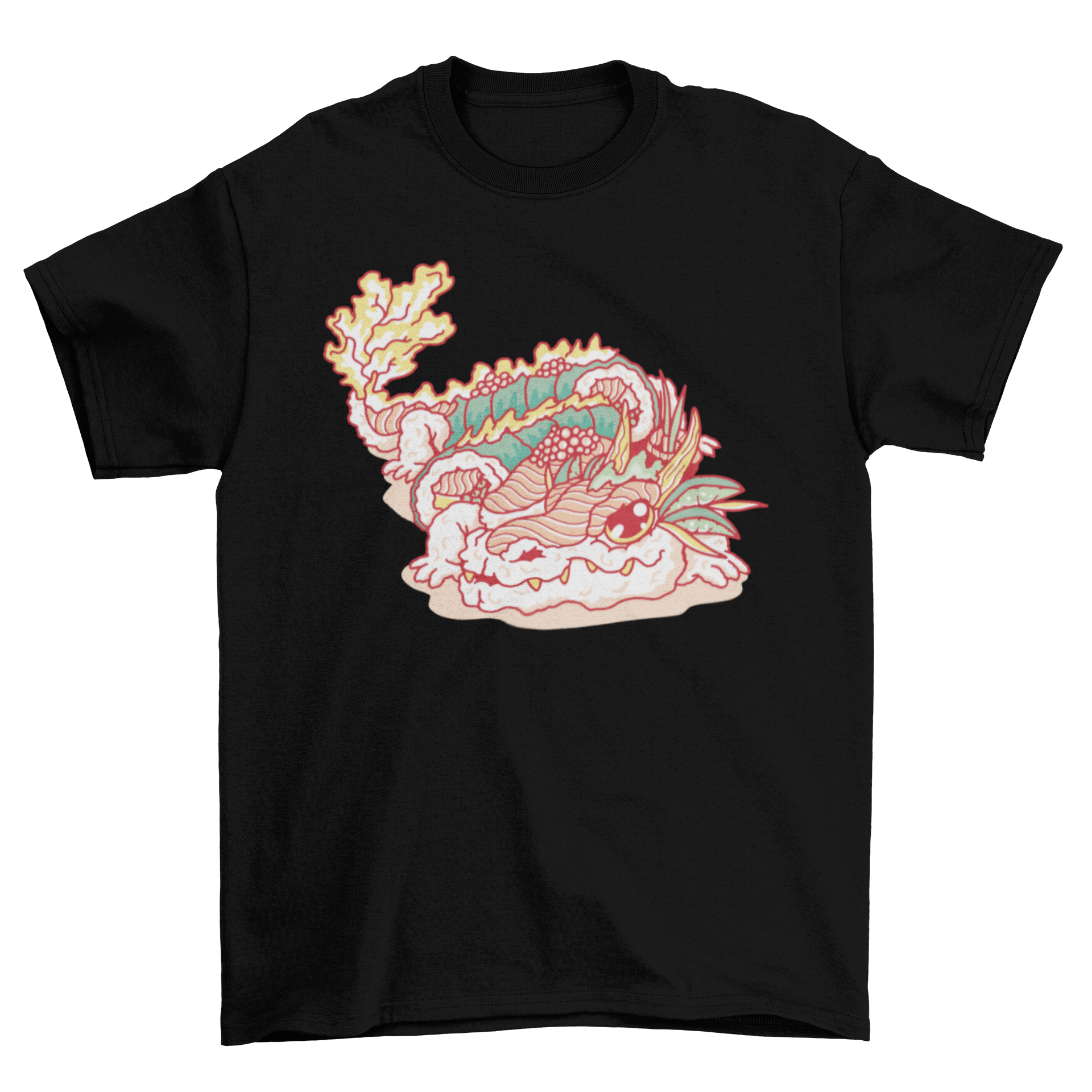 A vibrant t-shirt featuring a dragon made of sushi, showcasing colorful sushi rolls and intricate design.