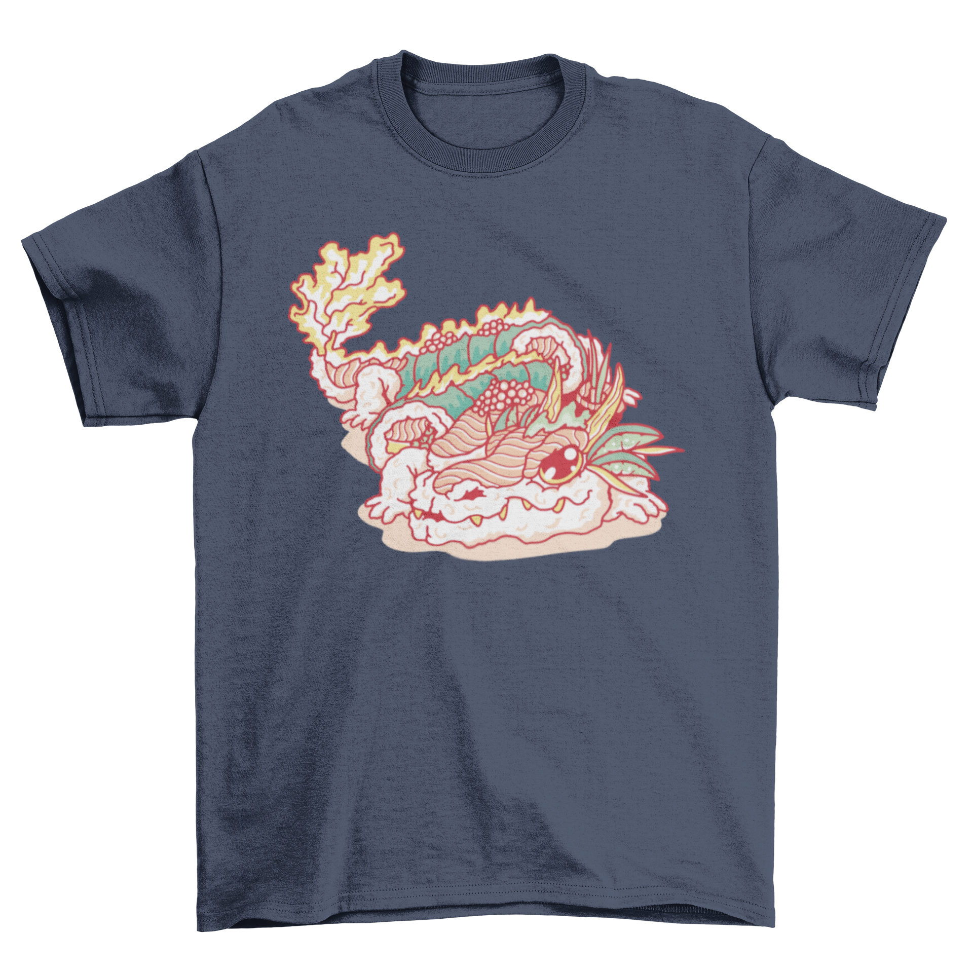 A vibrant t-shirt featuring a dragon made of sushi, showcasing colorful sushi rolls and intricate design.