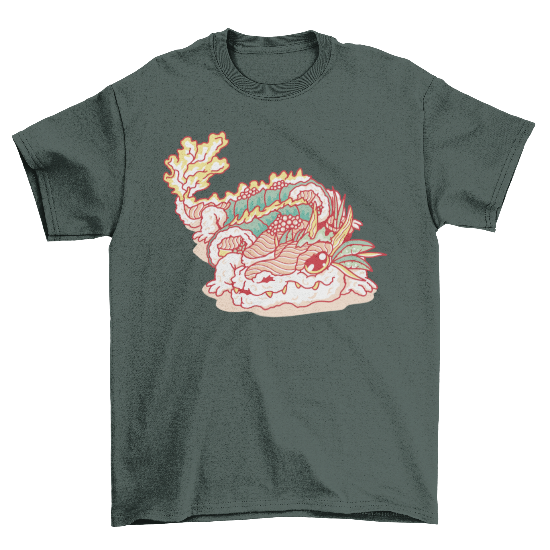 A vibrant t-shirt featuring a dragon made of sushi, showcasing colorful sushi rolls and intricate design.