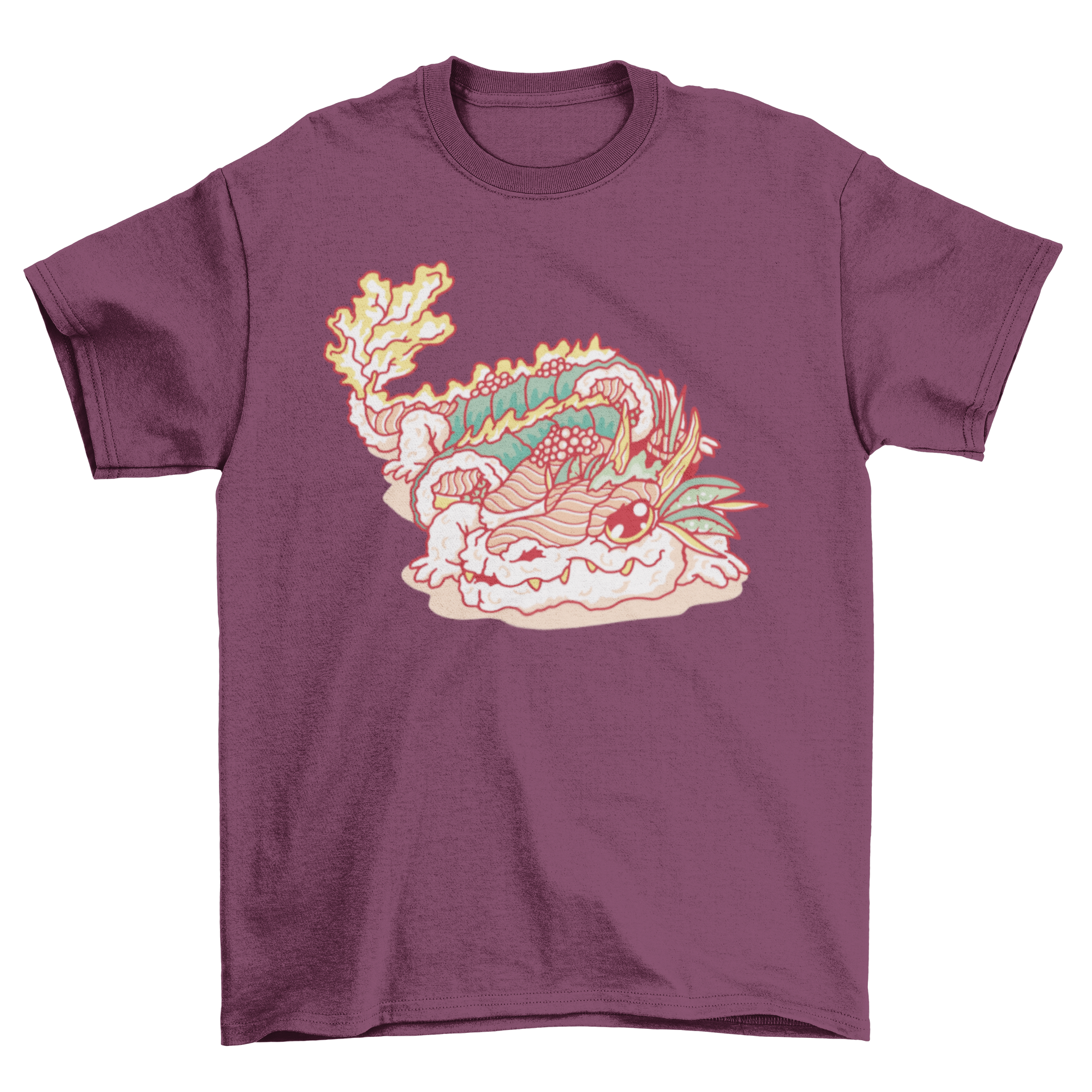 A vibrant t-shirt featuring a dragon made of sushi, showcasing colorful sushi rolls and intricate design.