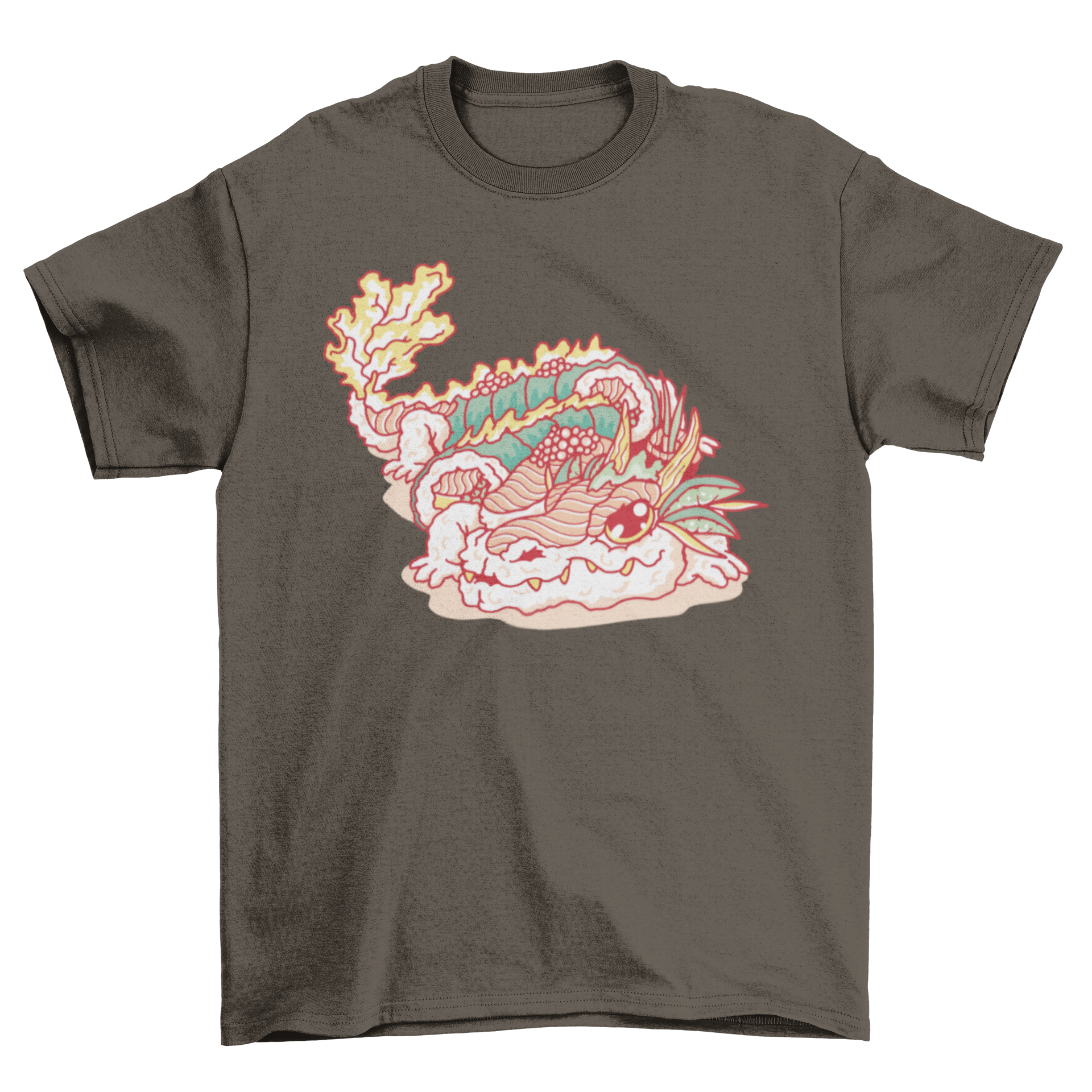 A vibrant t-shirt featuring a dragon made of sushi, showcasing colorful sushi rolls and intricate design.