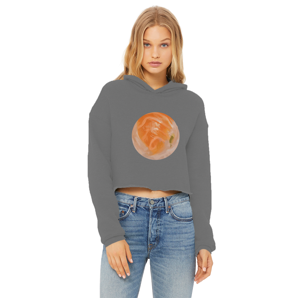 Sushi Ladies Cropped Raw Edge Hoodie in various colors with raw edge hem and double fabric hood.