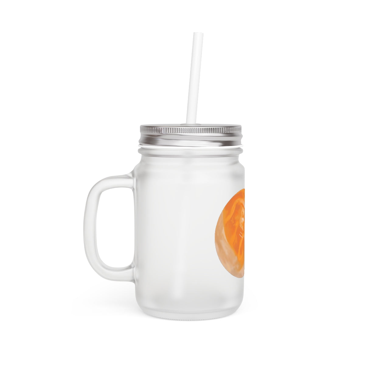 A stylish 16oz frosted glass mason jar with a straw and lid, perfect for personalized drinks.