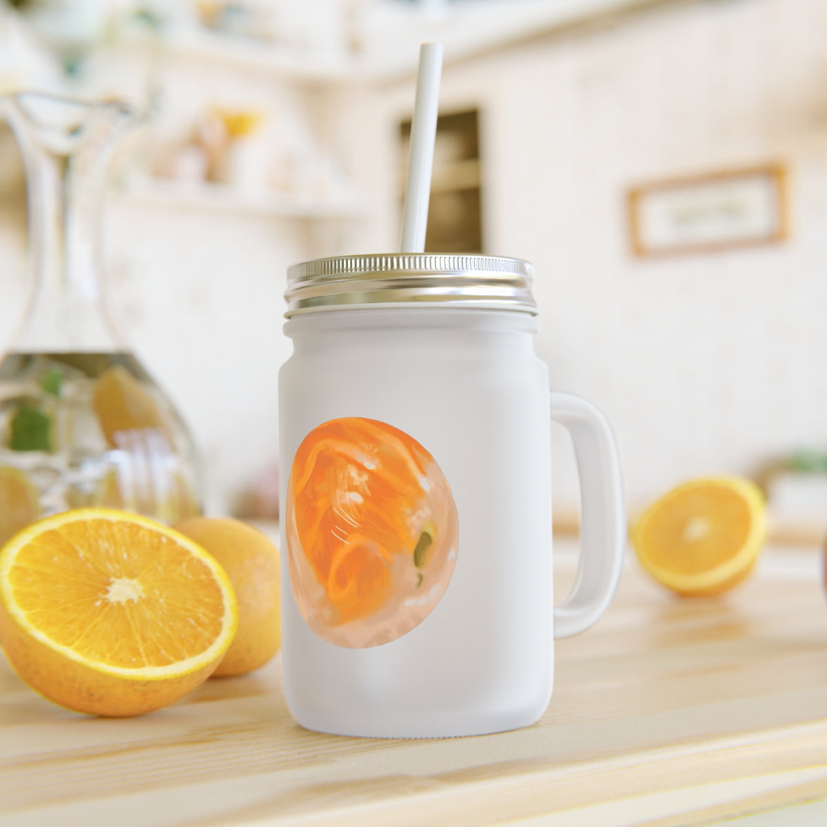A stylish 16oz frosted glass mason jar with a straw and lid, perfect for personalized drinks.