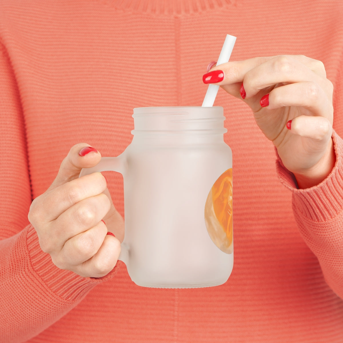 A stylish 16oz frosted glass mason jar with a straw and lid, perfect for personalized drinks.