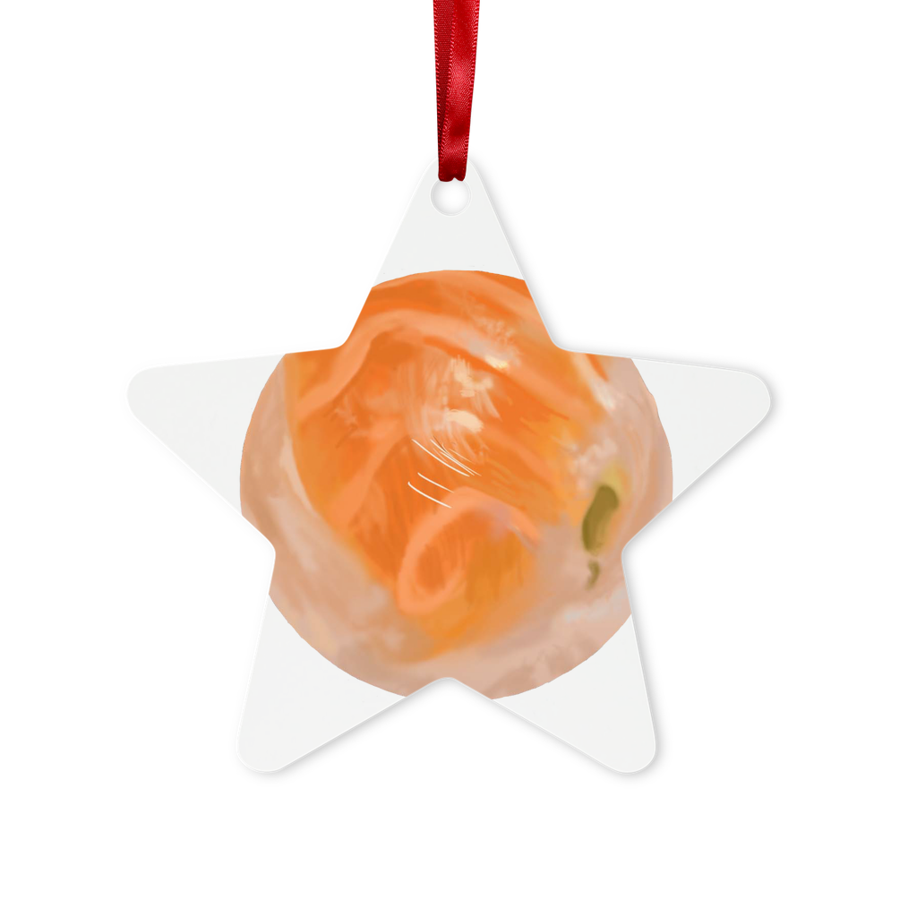 Sushi Metal Hanging Ornament in hexagon and star shapes, featuring a glossy white finish and red ribbon for hanging.