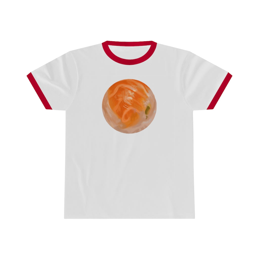 Sushi Unisex Ringer Tee in various colors, showcasing its lightweight fabric and stylish design.