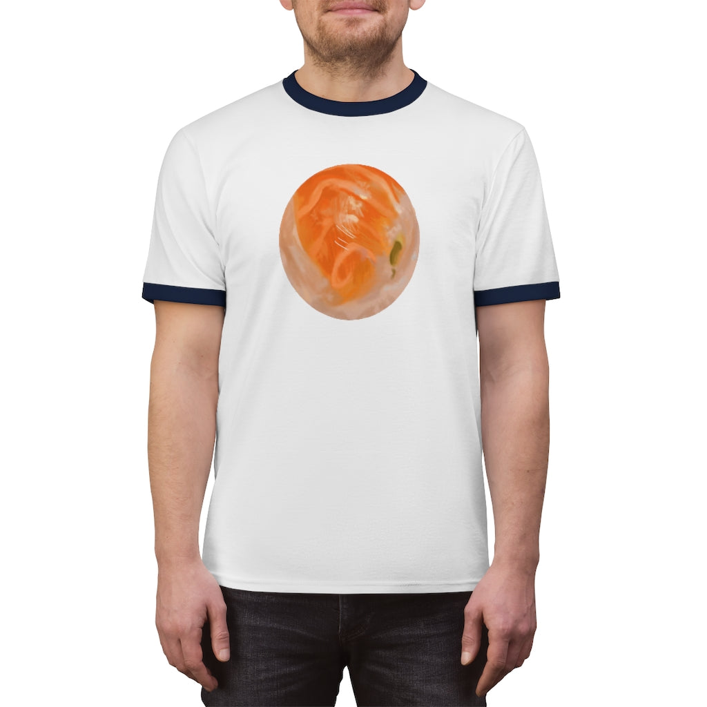 Sushi Unisex Ringer Tee in various colors, showcasing its lightweight fabric and stylish design.