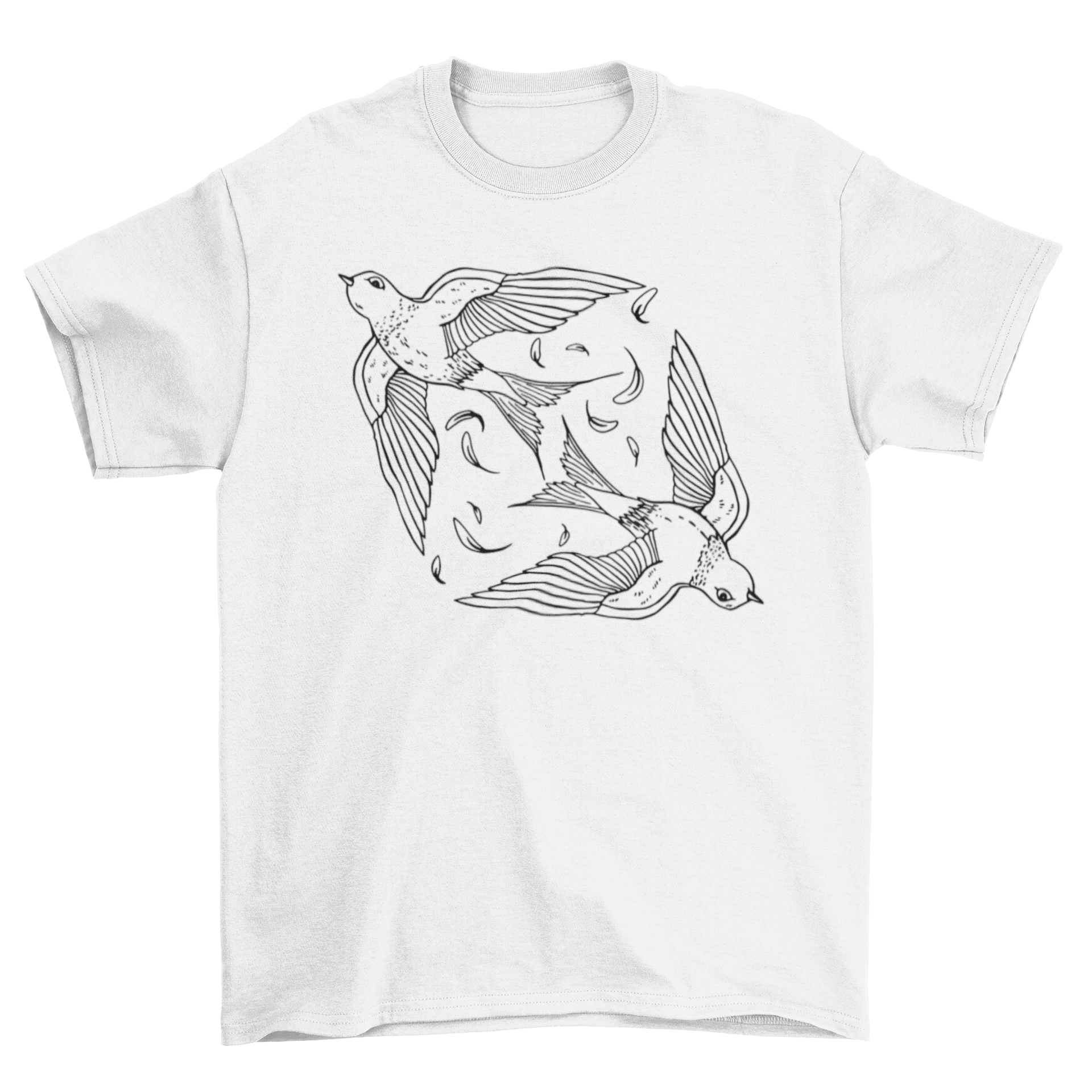 A stylish t-shirt featuring two swallows flying in a vibrant color stroke design, perfect for casual wear.