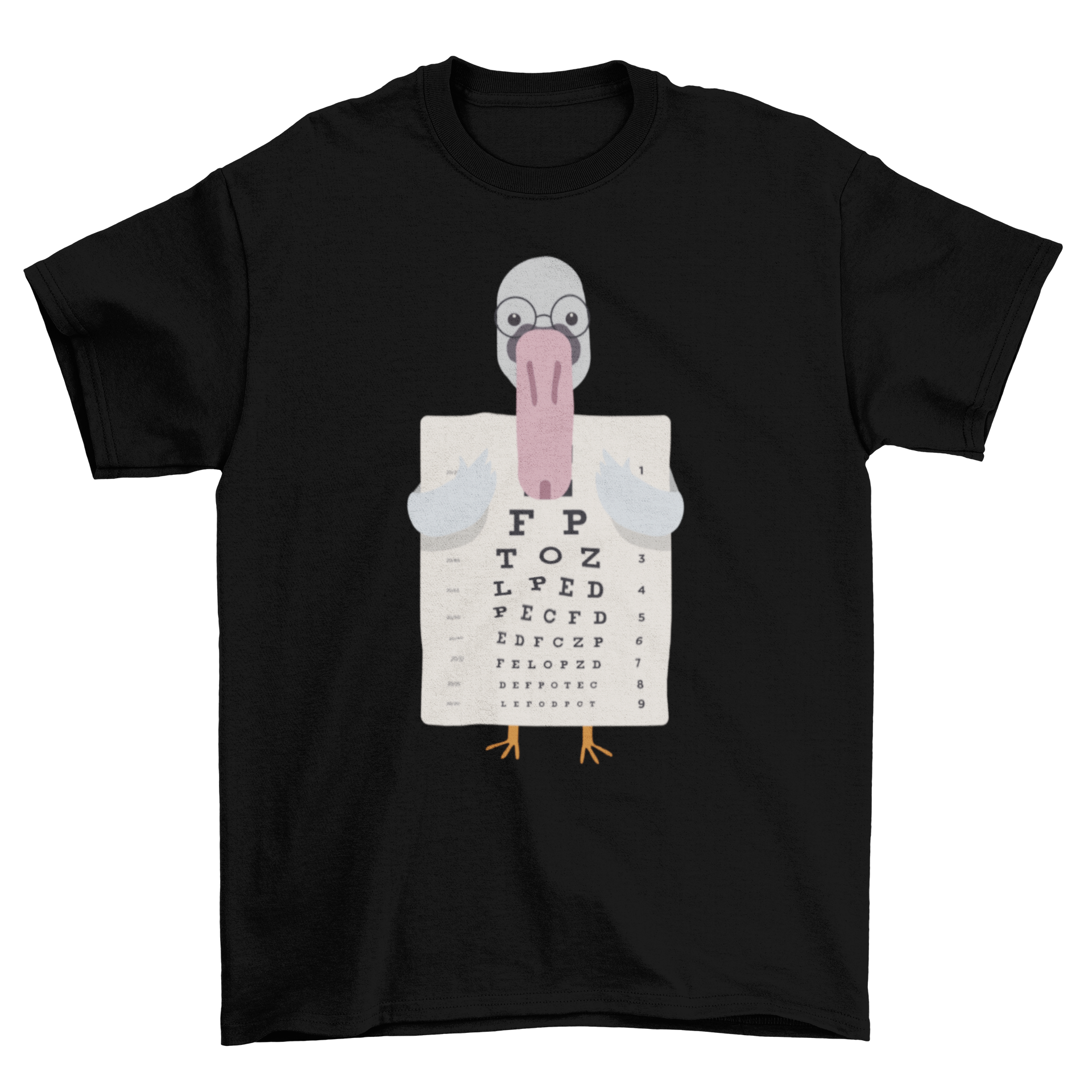A stylish t-shirt featuring a whimsical illustration of a swan wearing glasses and holding an eye chart, perfect for casual wear.