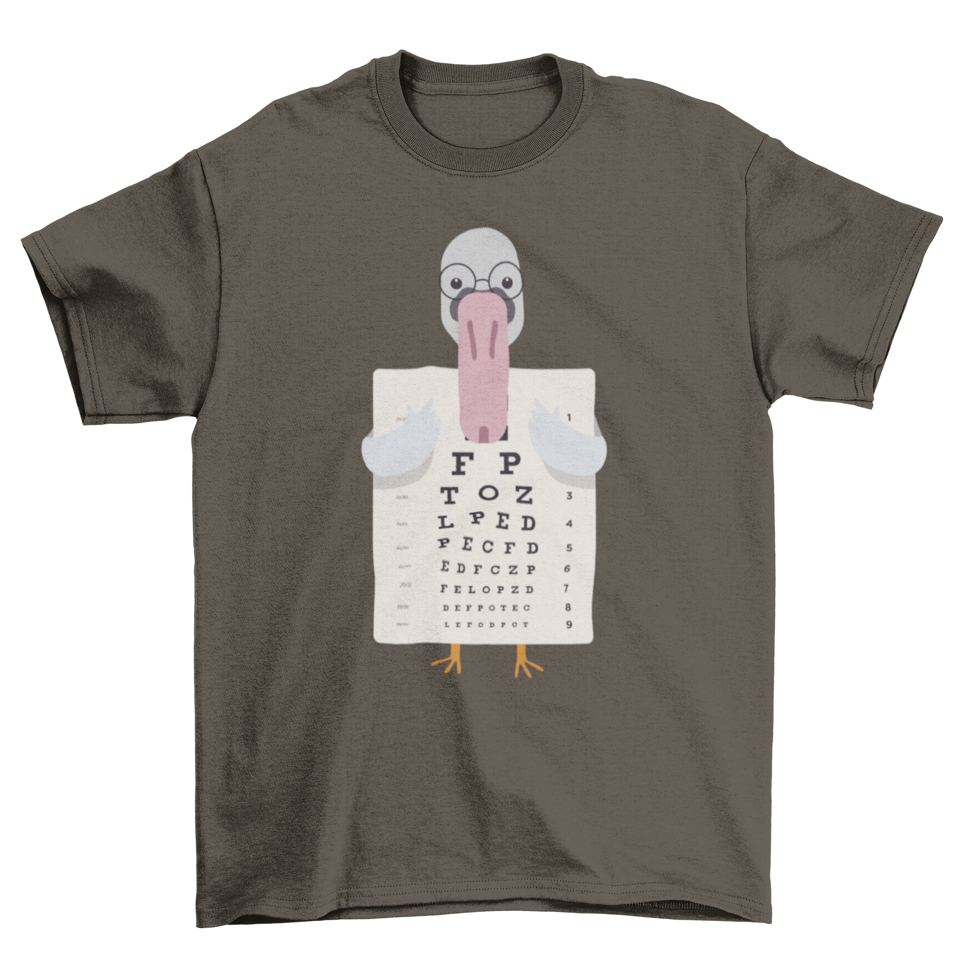 A stylish t-shirt featuring a whimsical illustration of a swan wearing glasses and holding an eye chart, perfect for casual wear.