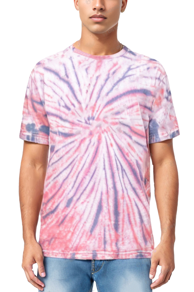 A colorful swirl tye dye t-shirt made of 100% cotton, featuring a round neck and straight hem, perfect for casual wear.