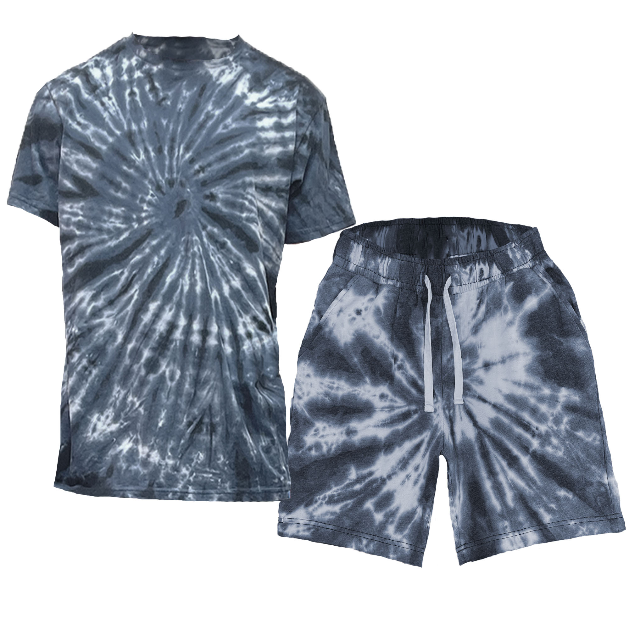 A vibrant swirl tye dye t-shirt and short set for men and women, showcasing a round neck t-shirt and elastic waist shorts.
