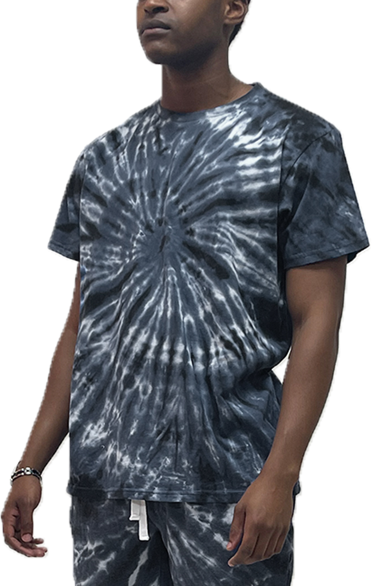A vibrant swirl tye dye t-shirt and short set for men and women, showcasing a round neck t-shirt and elastic waist shorts.
