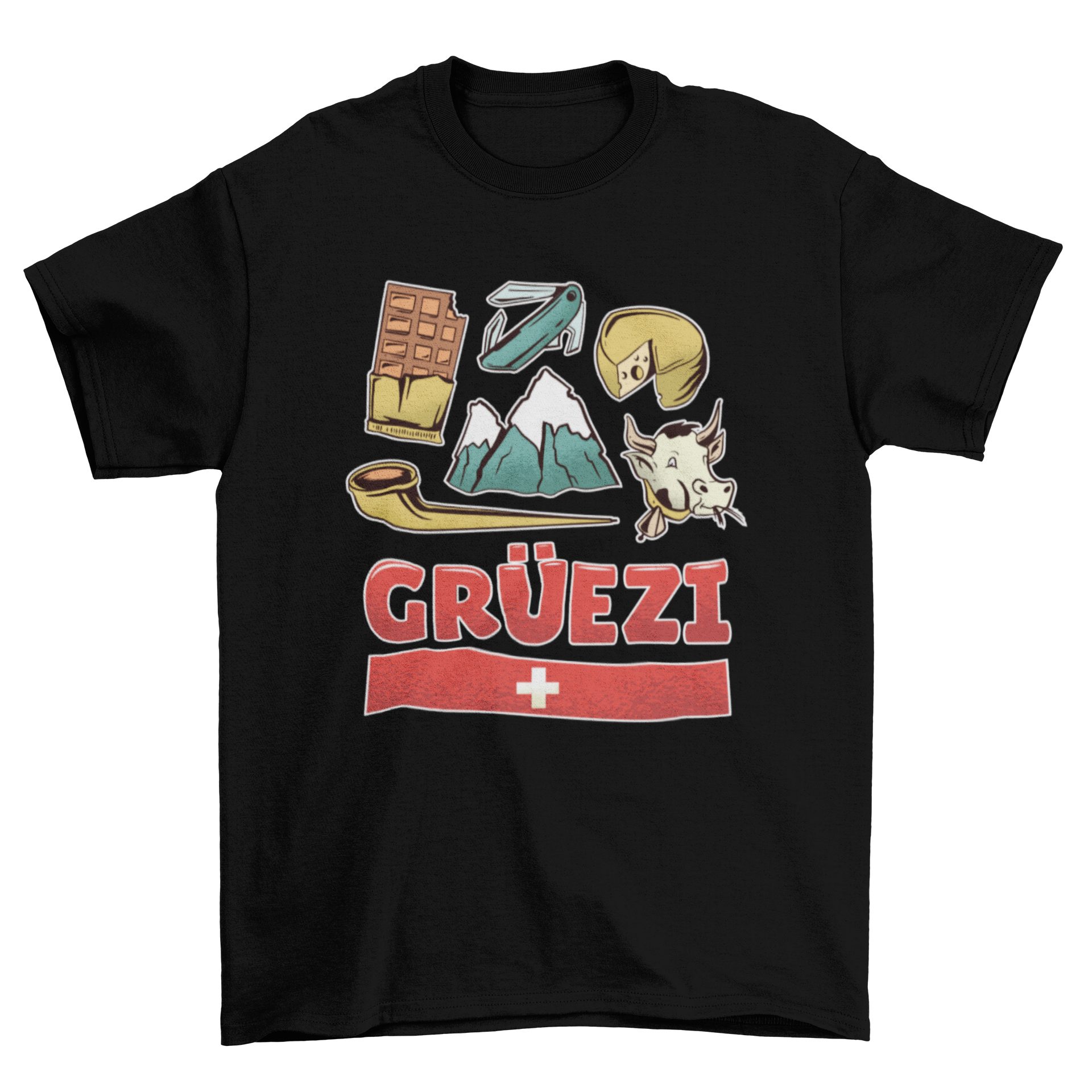 A stylish T-shirt featuring the word GRÃ??EZI and Swiss cultural elements, perfect for showcasing love for Switzerland.