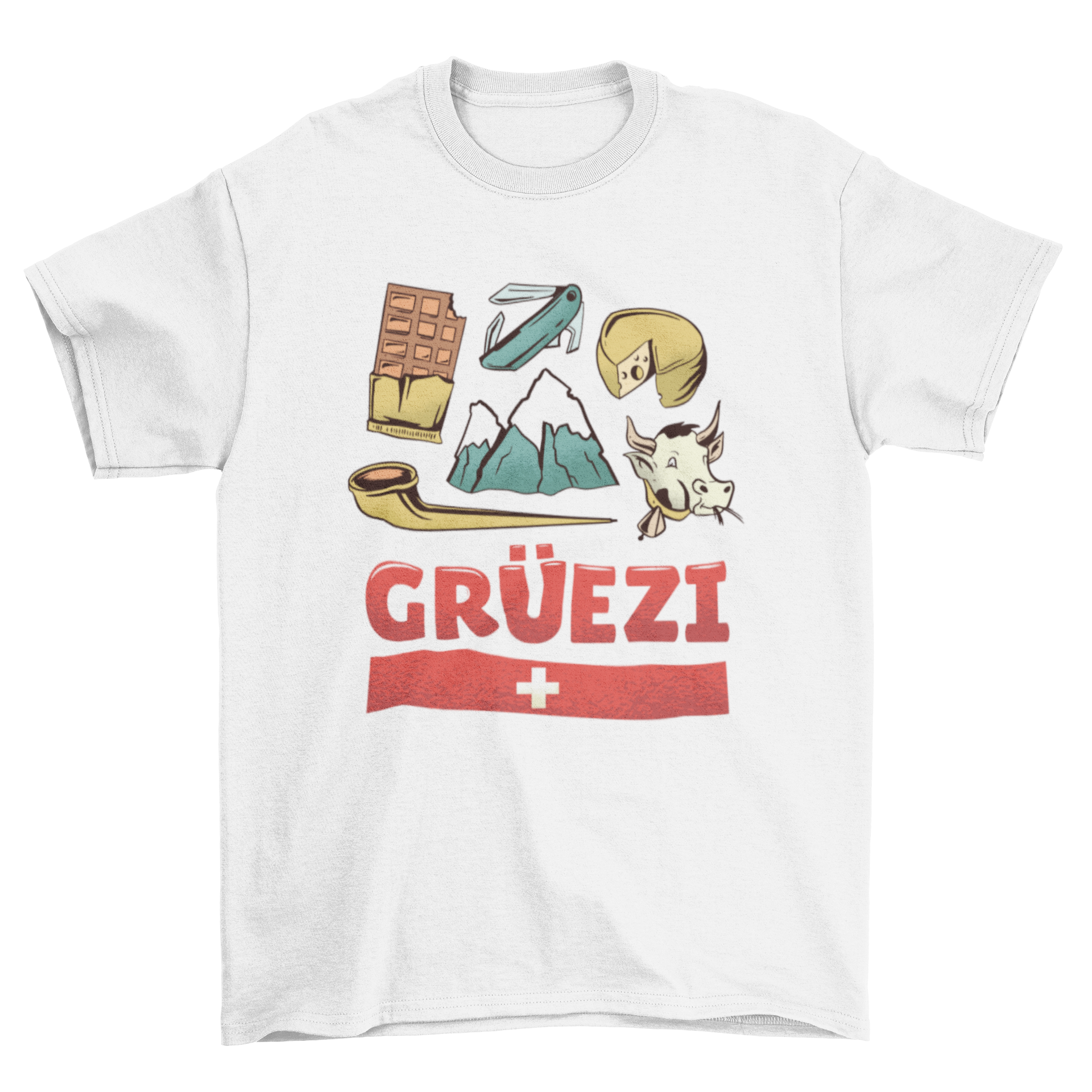 A stylish T-shirt featuring the word GRÃ??EZI and Swiss cultural elements, perfect for showcasing love for Switzerland.