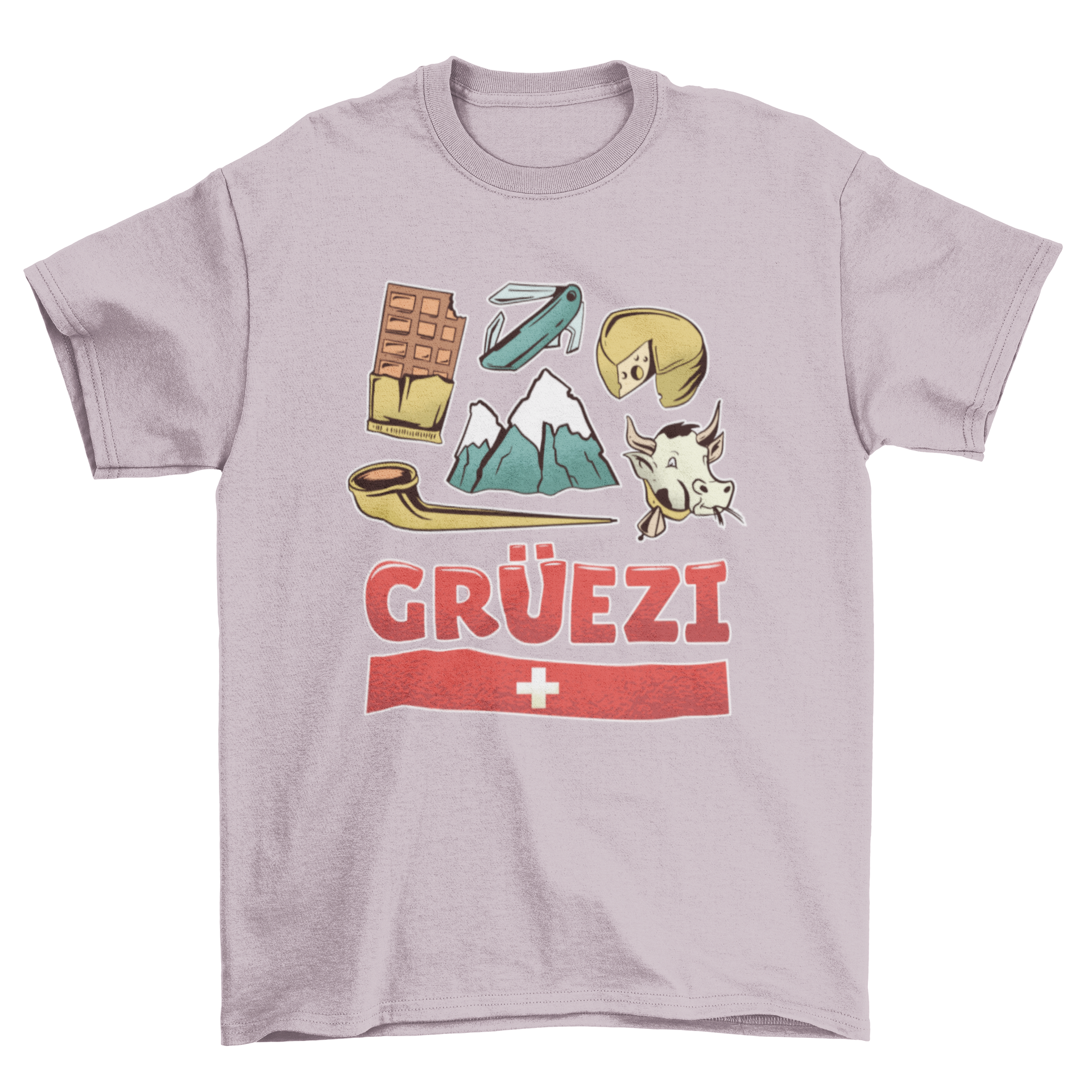A stylish T-shirt featuring the word GRÃ??EZI and Swiss cultural elements, perfect for showcasing love for Switzerland.