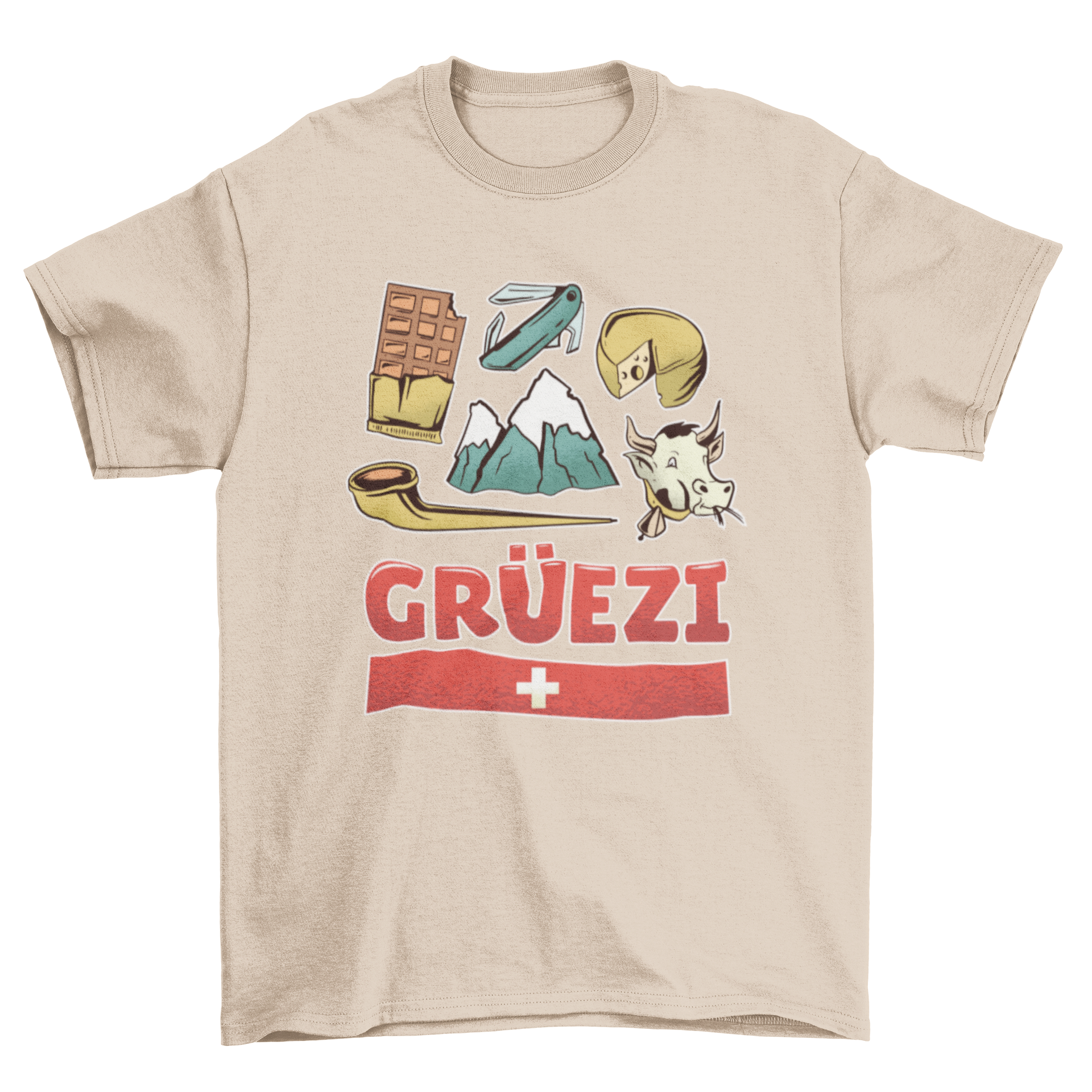 A stylish T-shirt featuring the word GRÃ??EZI and Swiss cultural elements, perfect for showcasing love for Switzerland.