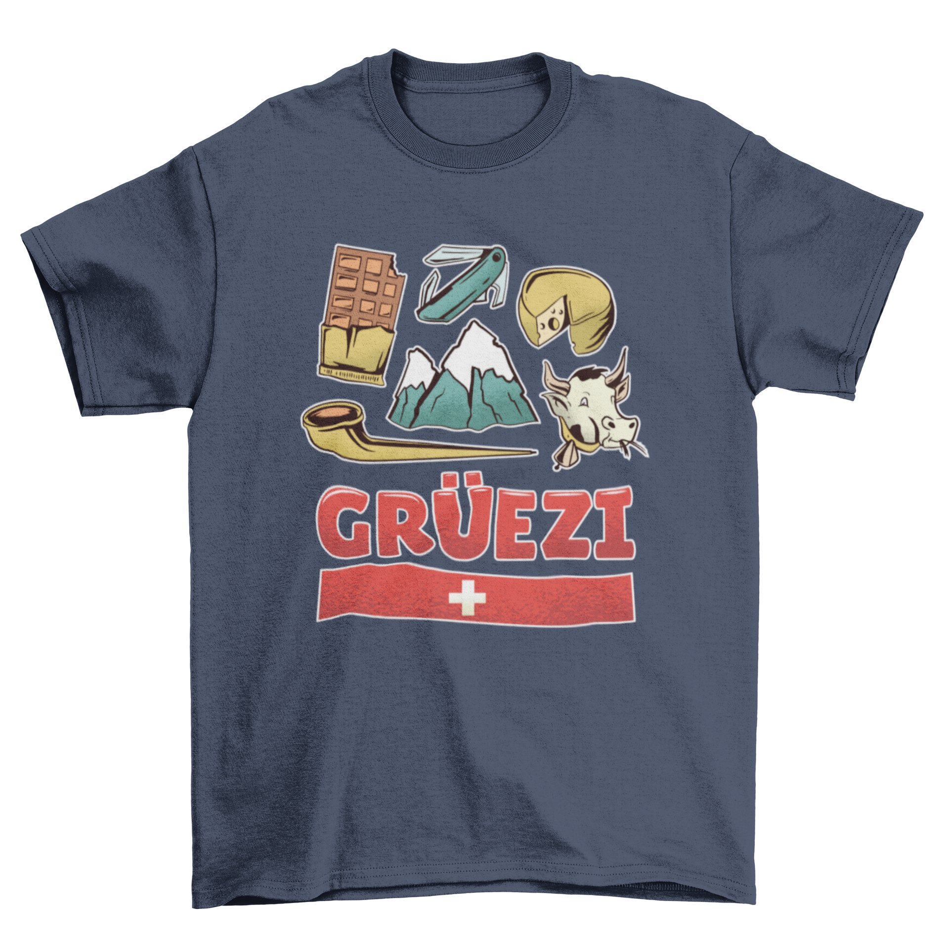 A stylish T-shirt featuring the word GRÃ??EZI and Swiss cultural elements, perfect for showcasing love for Switzerland.