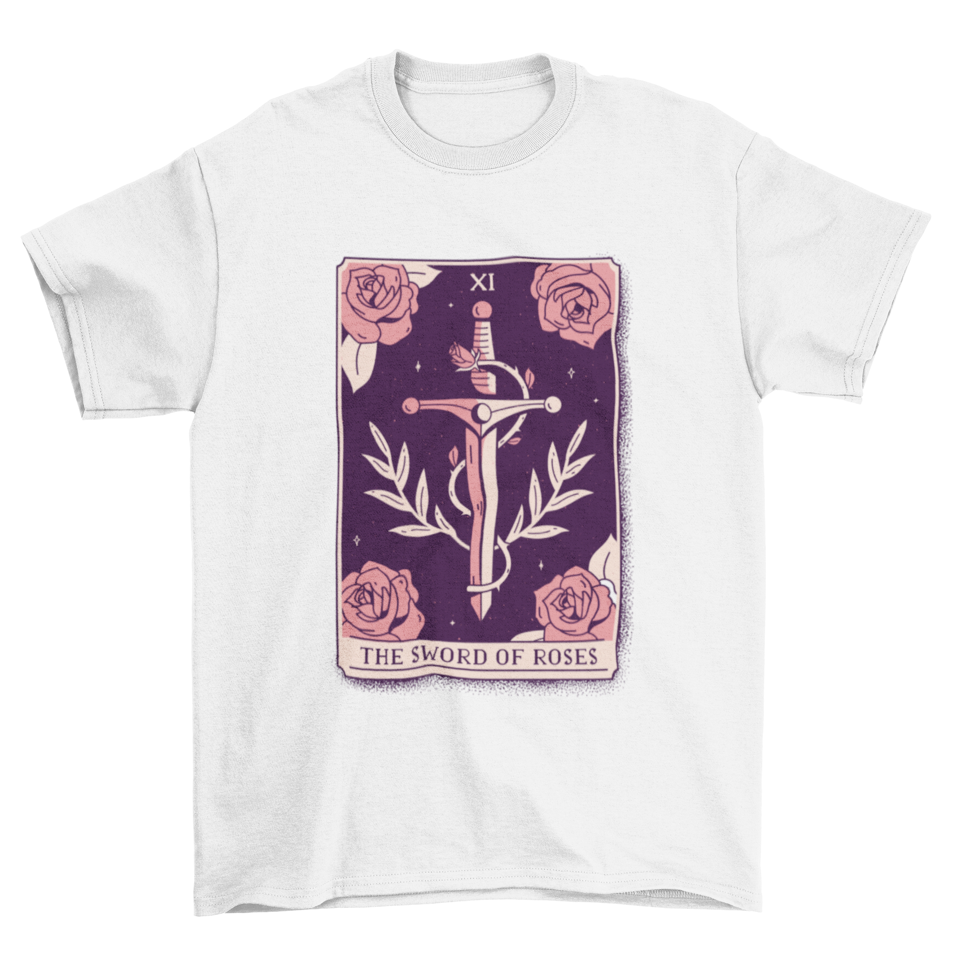 Sword and roses mystical tarot card t-shirt featuring a duotone design with intricate illustrations.