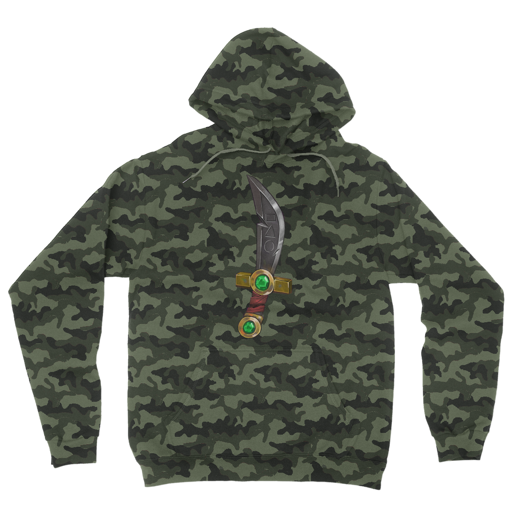 Sword Camouflage Adult Hoodie featuring an all-over camo design, double fabric hood, and kangaroo pouch pocket.