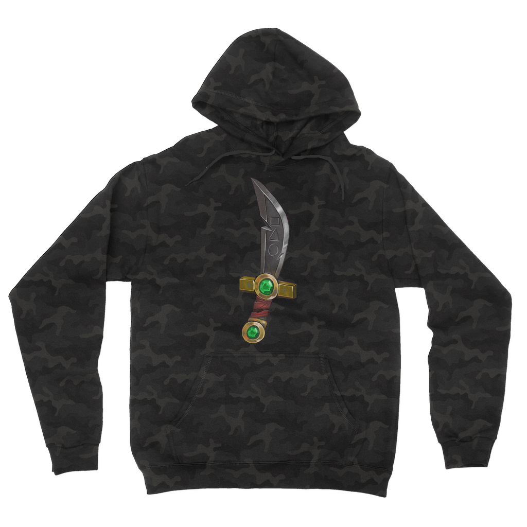 Sword Camouflage Adult Hoodie featuring an all-over camo design, double fabric hood, and kangaroo pouch pocket.