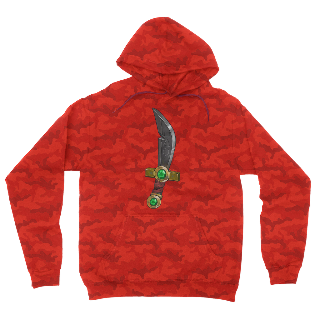 Sword Camouflage Adult Hoodie featuring an all-over camo design, double fabric hood, and kangaroo pouch pocket.