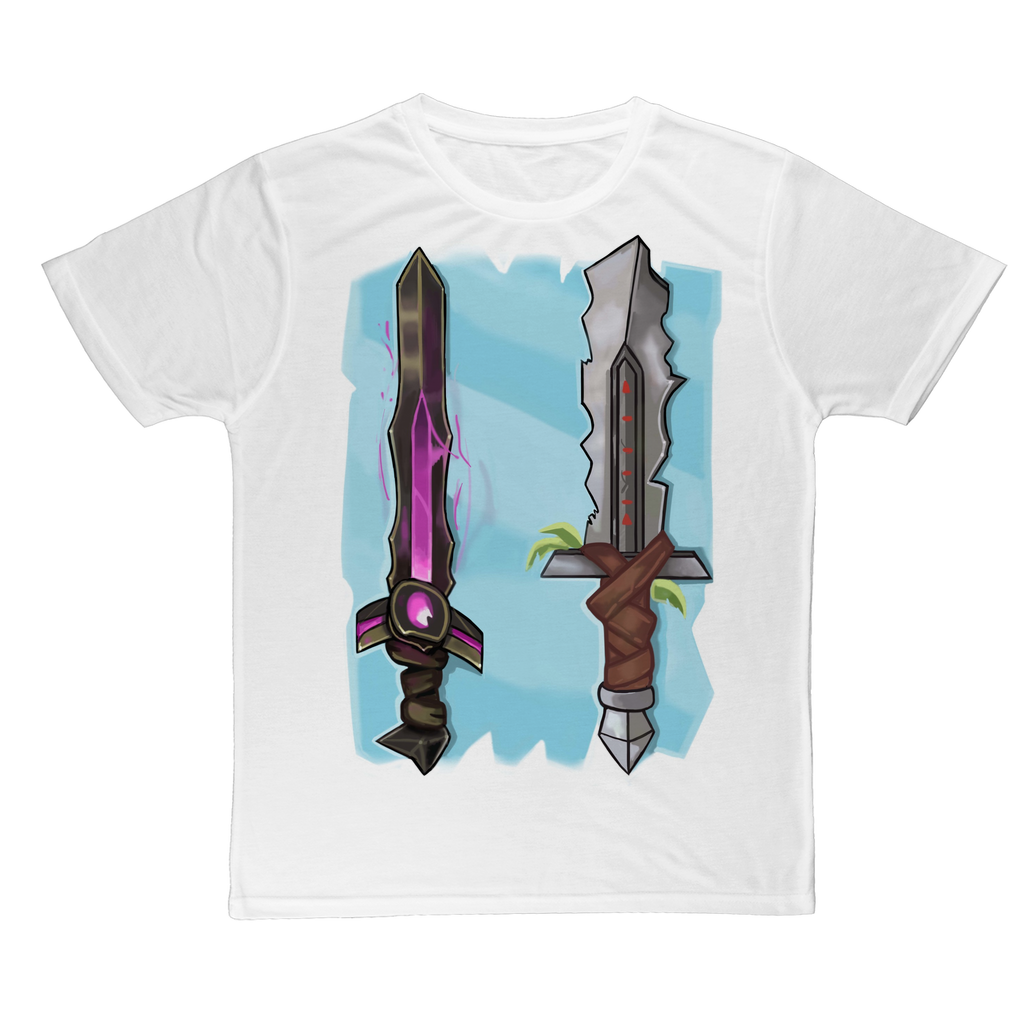 Sword Classic Sublimation Adult T-Shirt featuring vibrant colors and a soft polyester fabric, ideal for custom printing.