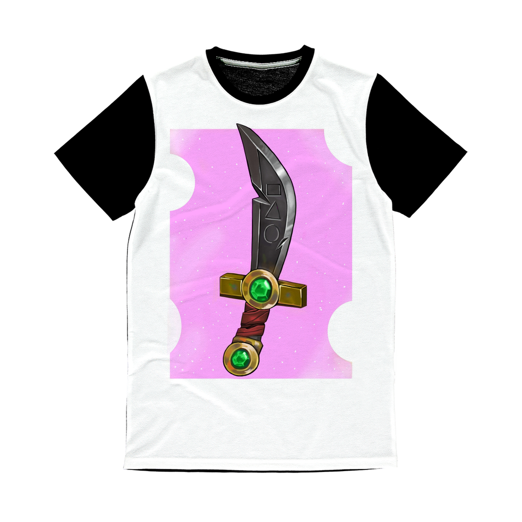 Sword Classic Sublimation Panel T-Shirt featuring a vibrant front design and plain black back, ideal for sublimation printing.