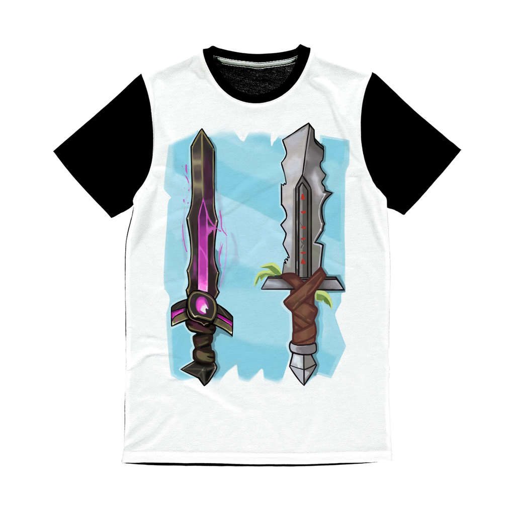 Sword Classic Sublimation Panel T-Shirt featuring a vibrant front design and a plain black back, ideal for custom printing.