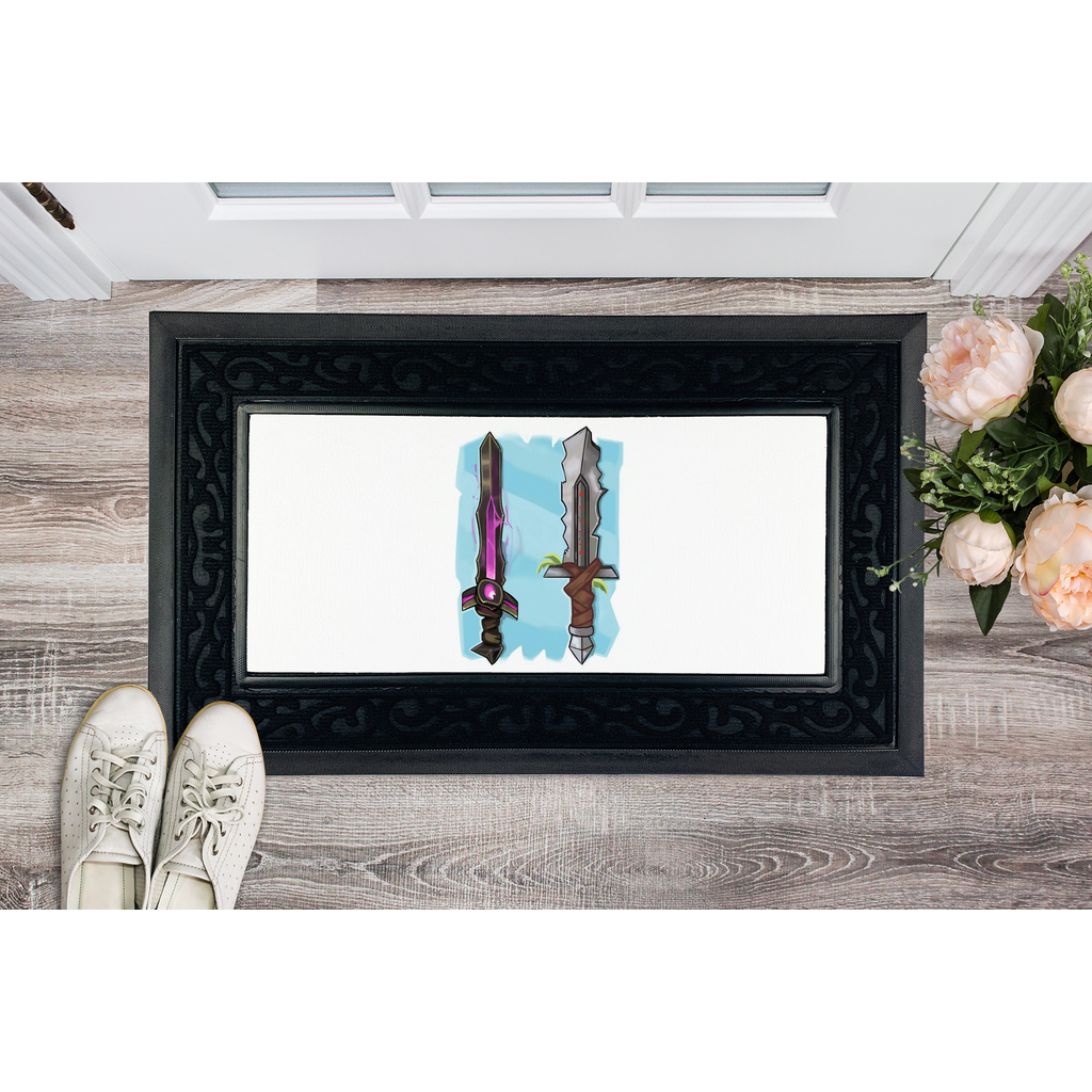 Sword Sublimation Heavy Duty Door Mat with a stylish fabric brush border and non-slip rubber base, perfect for entryways.