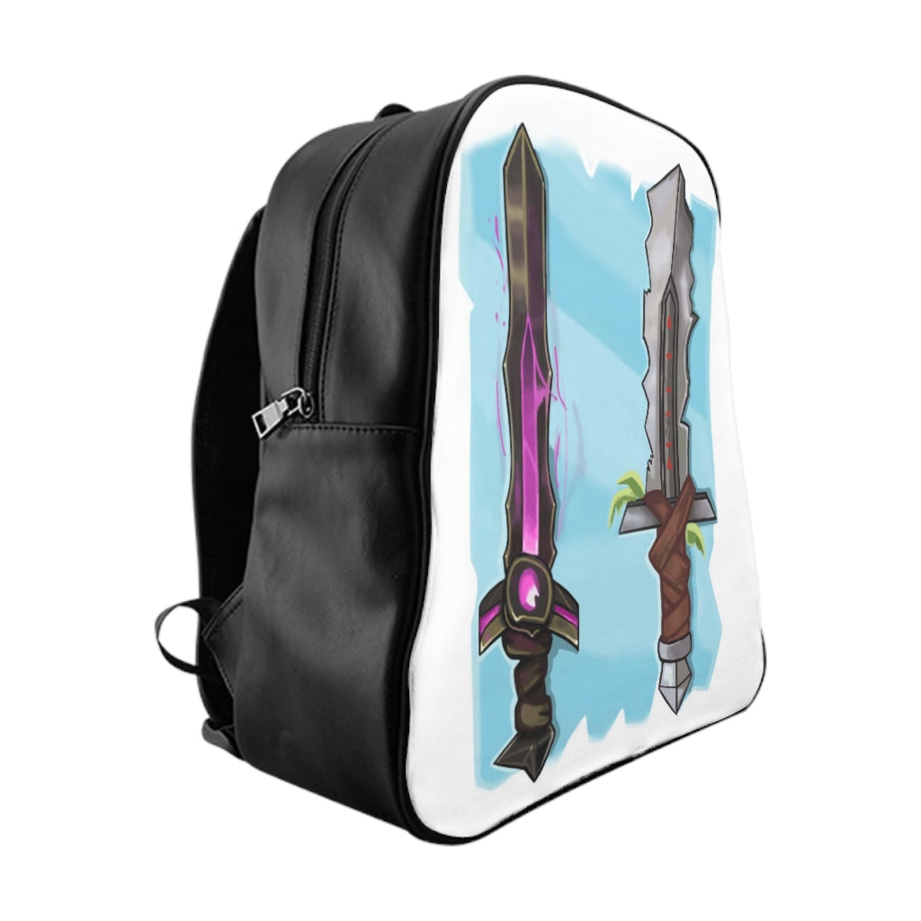 Swords School Backpack featuring stylish design, padded back, and multiple pockets in chocolate brown lining.