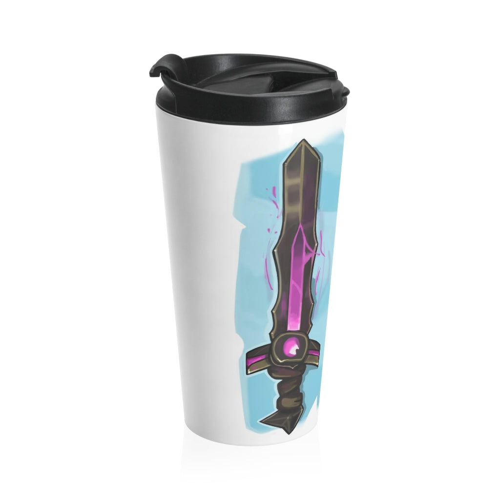 Swords Stainless Steel Travel Mug with black lid, showcasing its sleek design and rounded corners.