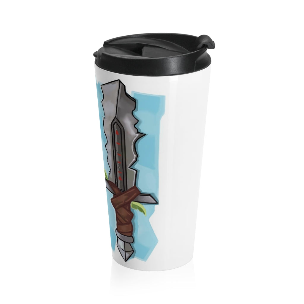 Swords Stainless Steel Travel Mug with black lid, showcasing its sleek design and rounded corners.