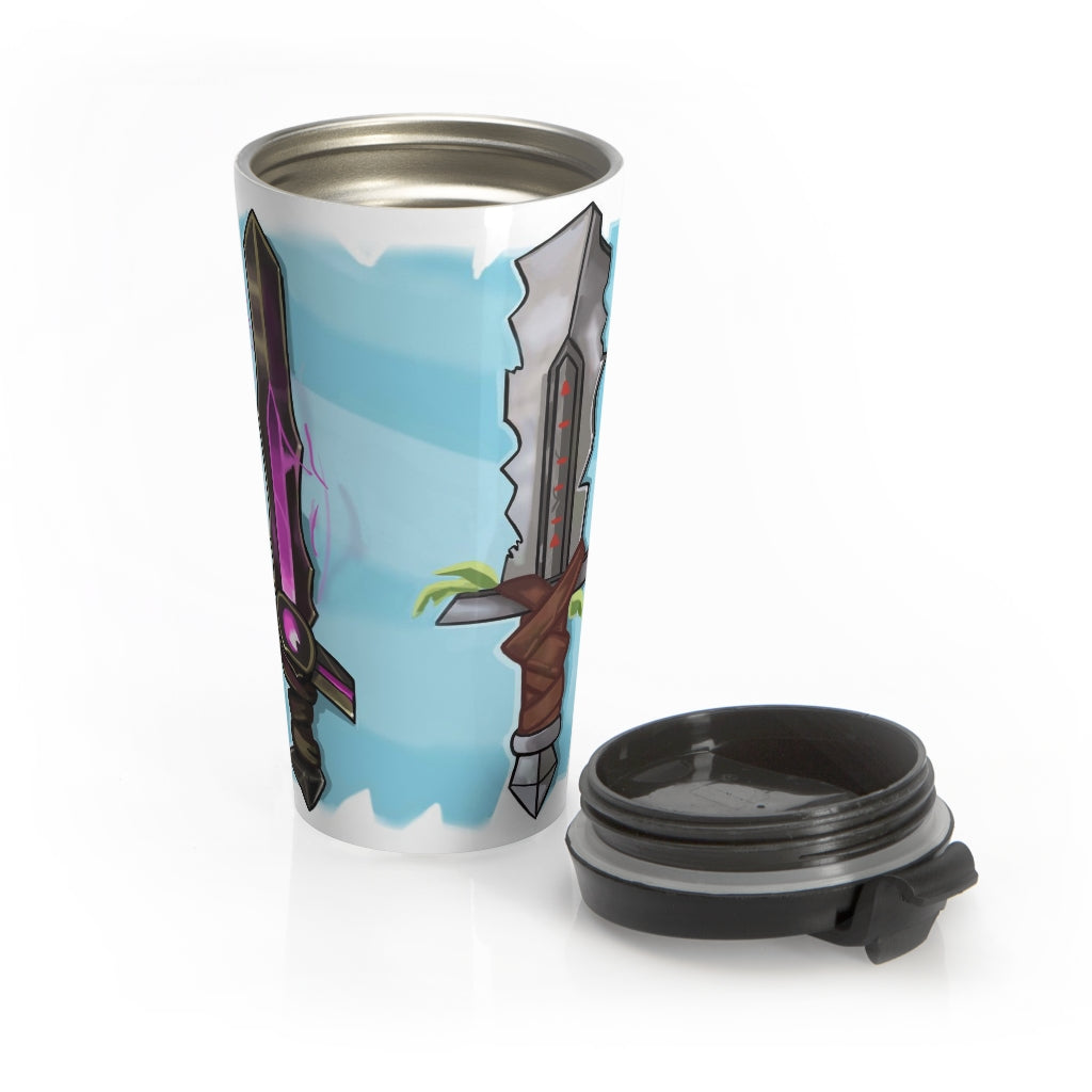 Swords Stainless Steel Travel Mug with black lid, showcasing its sleek design and rounded corners.