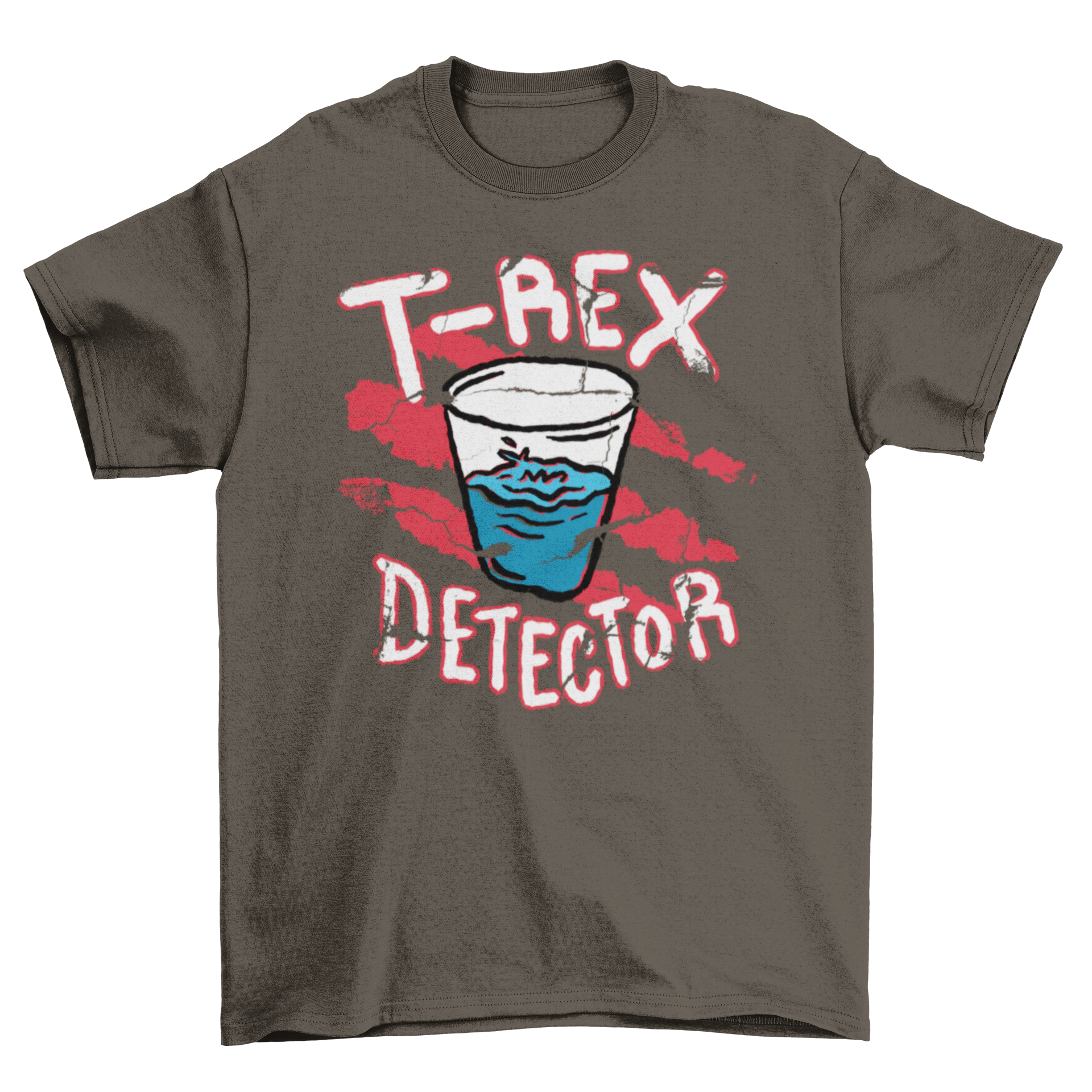 T-Rex detector t-shirt featuring a trembling glass of water and humorous quote.