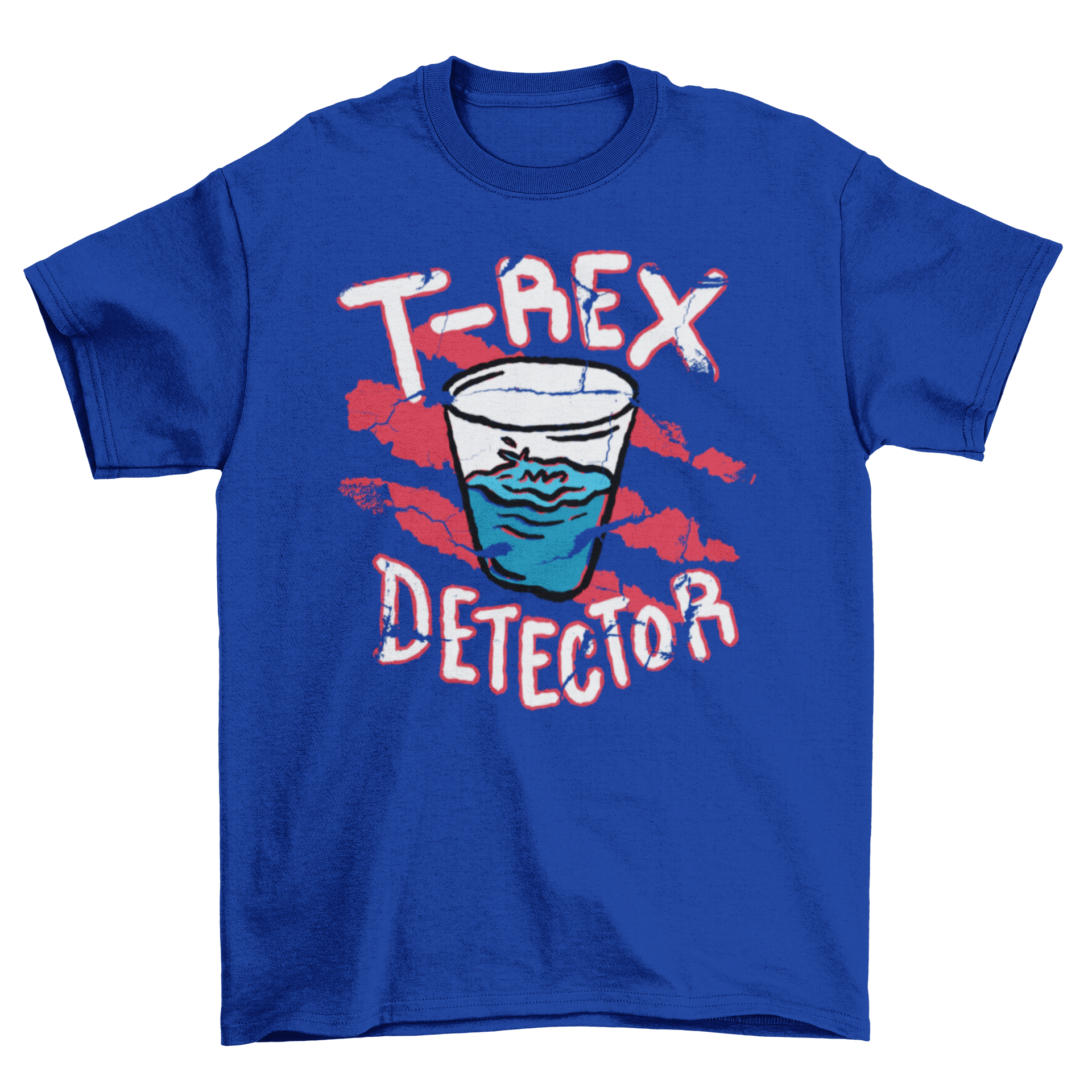 T-Rex detector t-shirt featuring a trembling glass of water and humorous quote.