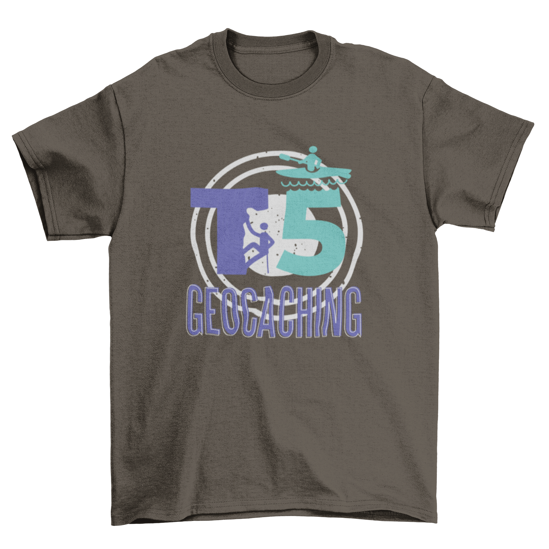 T5 Geocaching T-shirt featuring stickmen climbing and canoeing, showcasing outdoor adventure spirit.