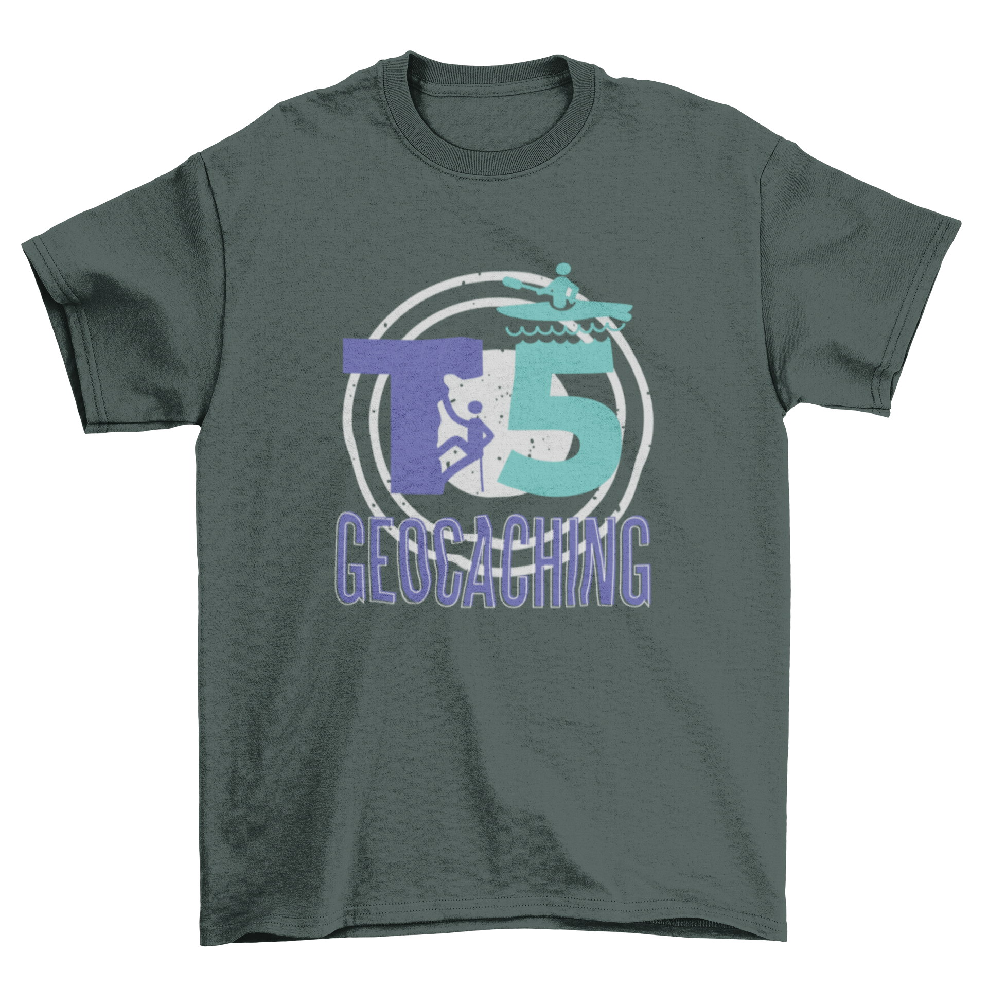 T5 Geocaching T-shirt featuring stickmen climbing and canoeing, showcasing outdoor adventure spirit.