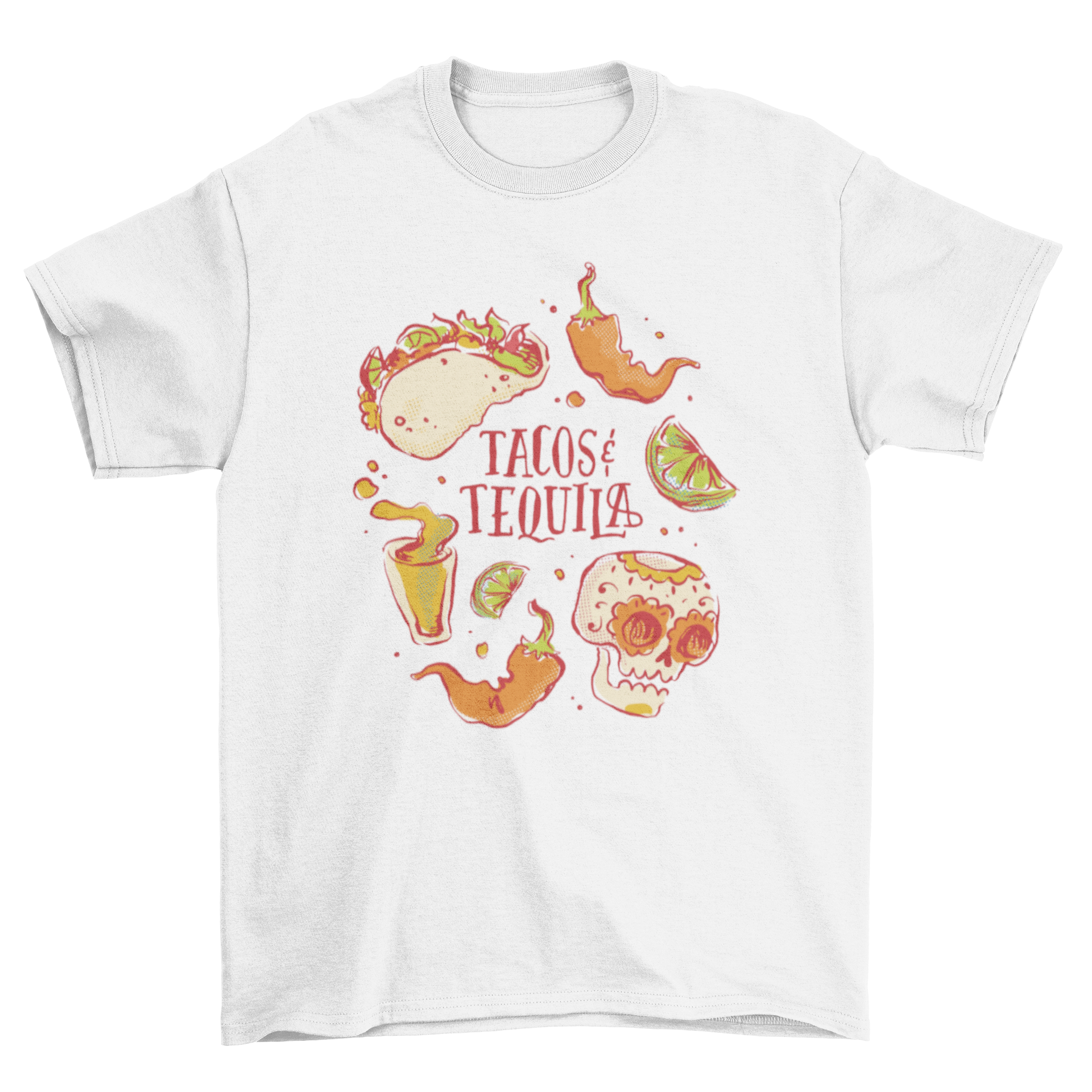 A vibrant t-shirt featuring the quote 'Tacos and tequila' surrounded by colorful Mexican food and a sugar skull design.