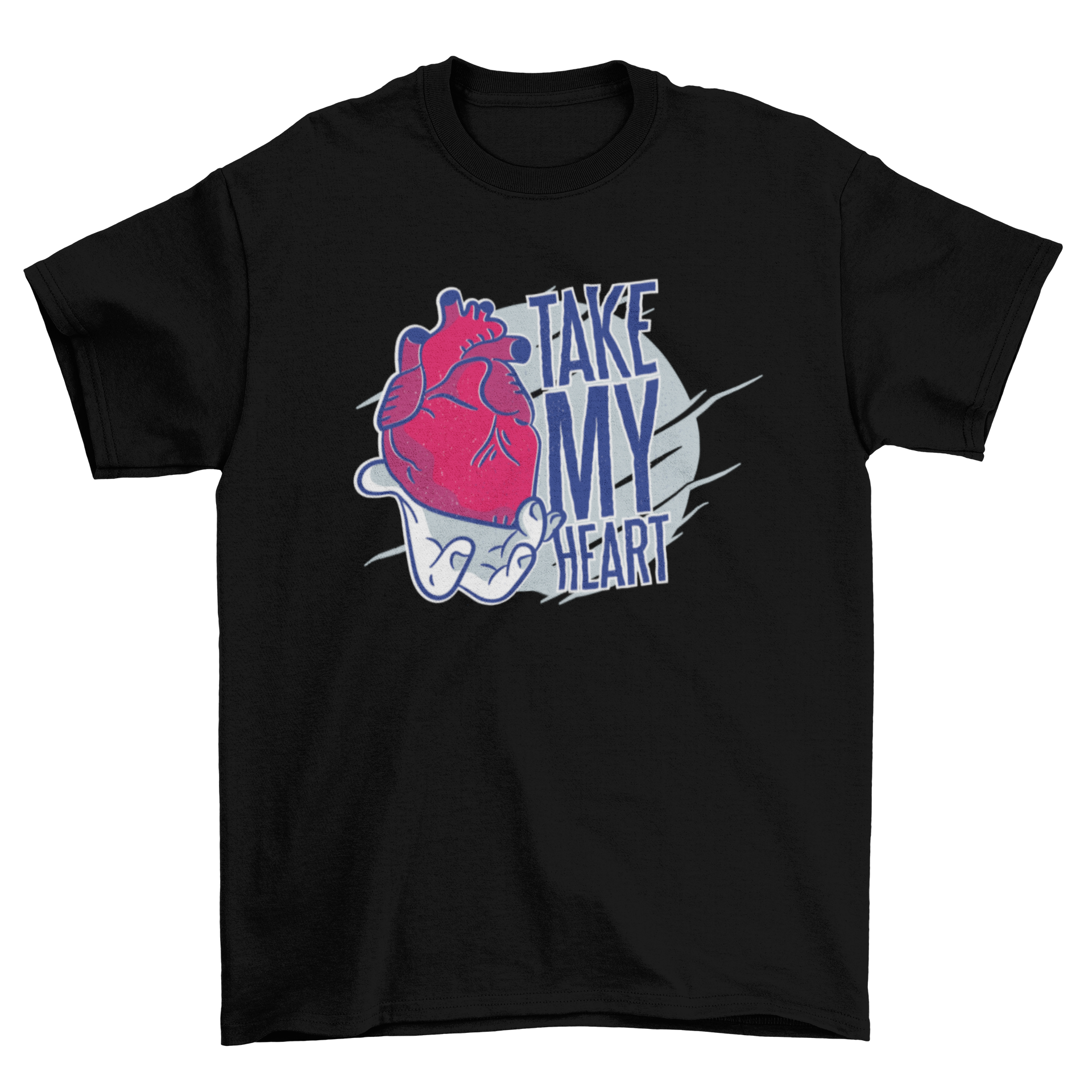 A playful cartoon t-shirt featuring a hand holding a heart organ with the caption 'Take my heart'.