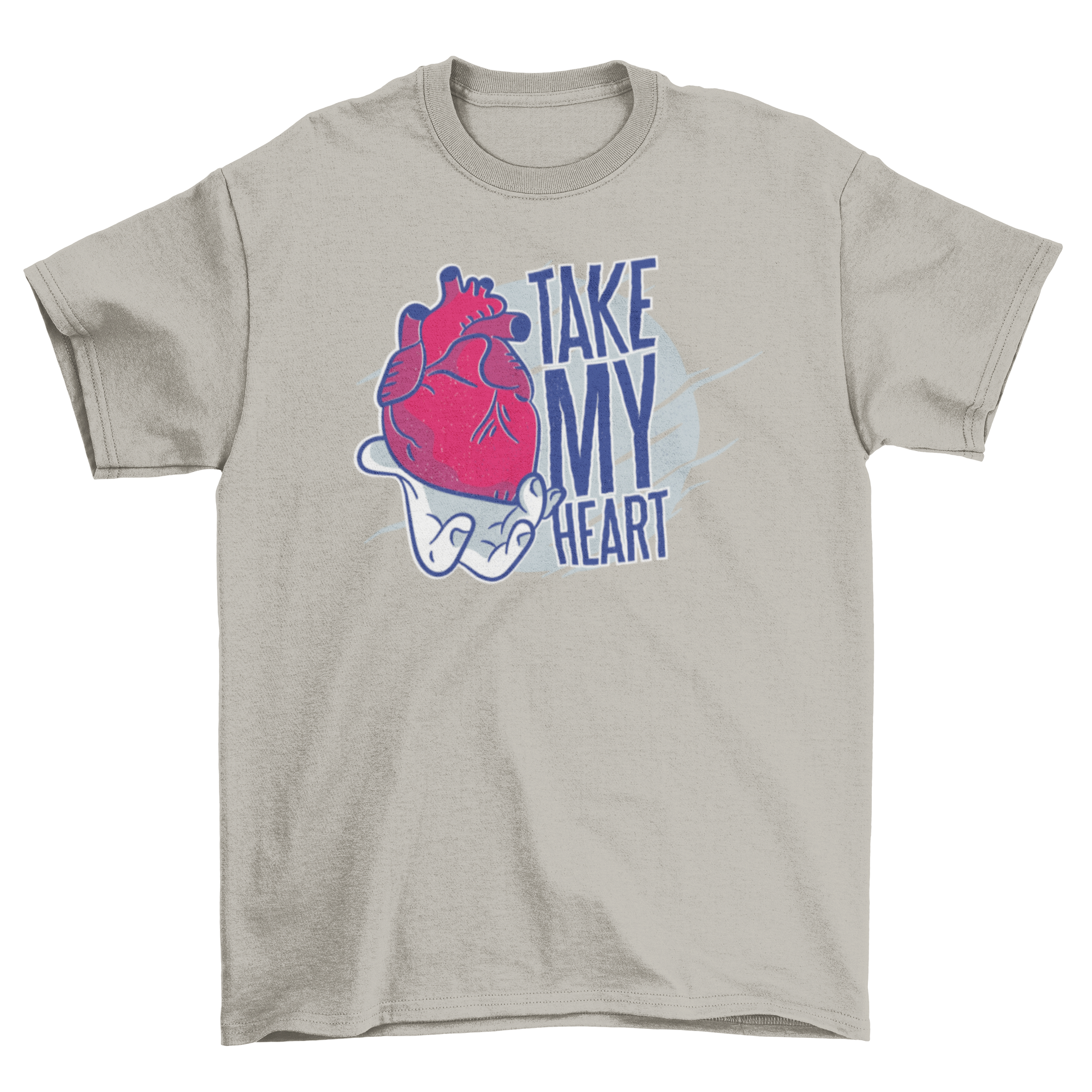 A playful cartoon t-shirt featuring a hand holding a heart organ with the caption 'Take my heart'.