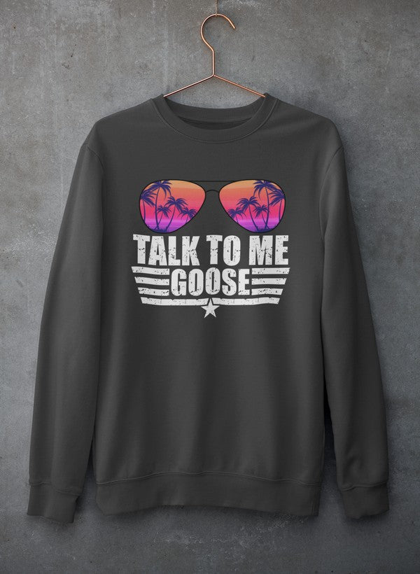 A cozy Talk to Me Goose Sweat Shirt featuring unique artistic designs, made from a warm cotton/poly fleece blend.