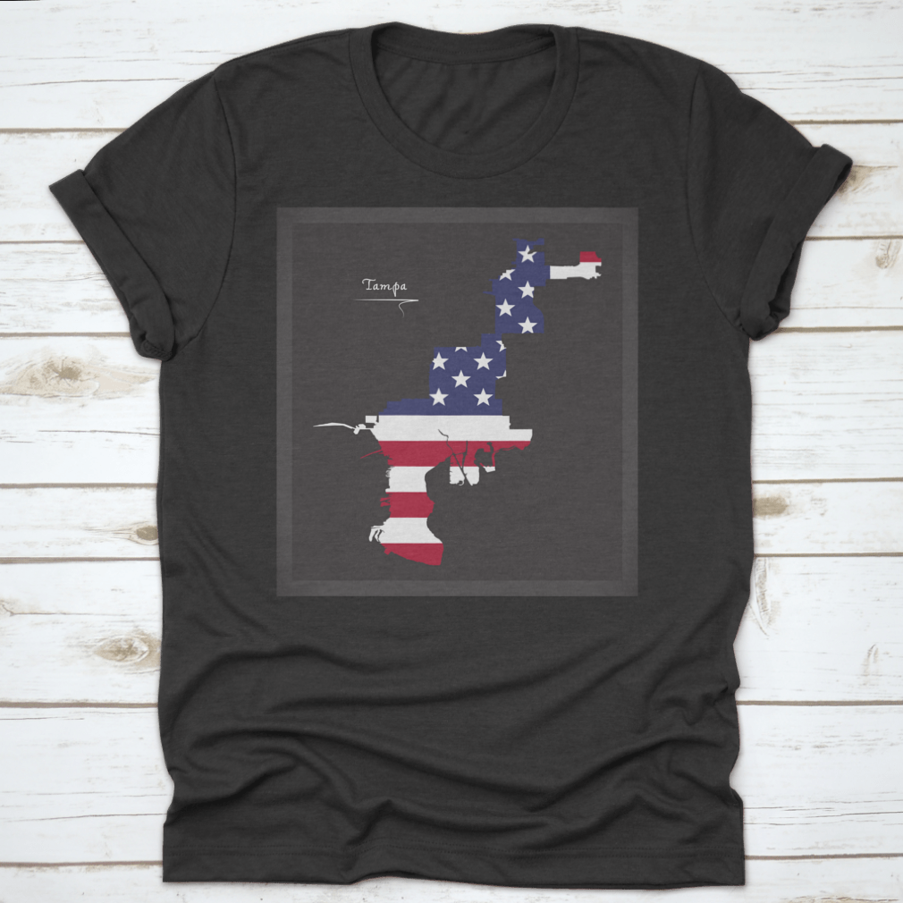 A detailed map of Tampa, Florida featuring an illustration of the American National Flag, showcasing vibrant colors and intricate details.