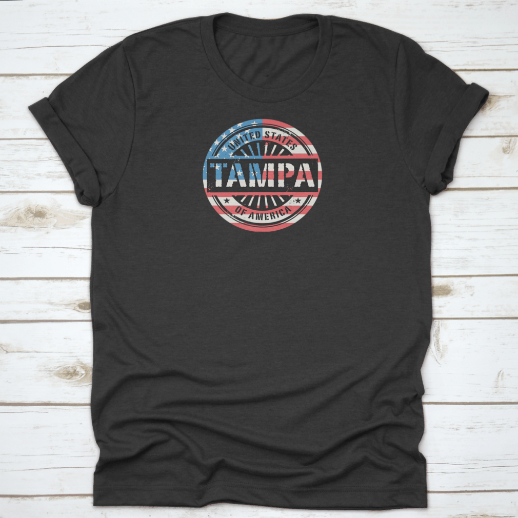 Tampa Grunge Rubber Stamp T-shirt featuring a USA flag vector design, showcasing a classic fit and midweight fabric.