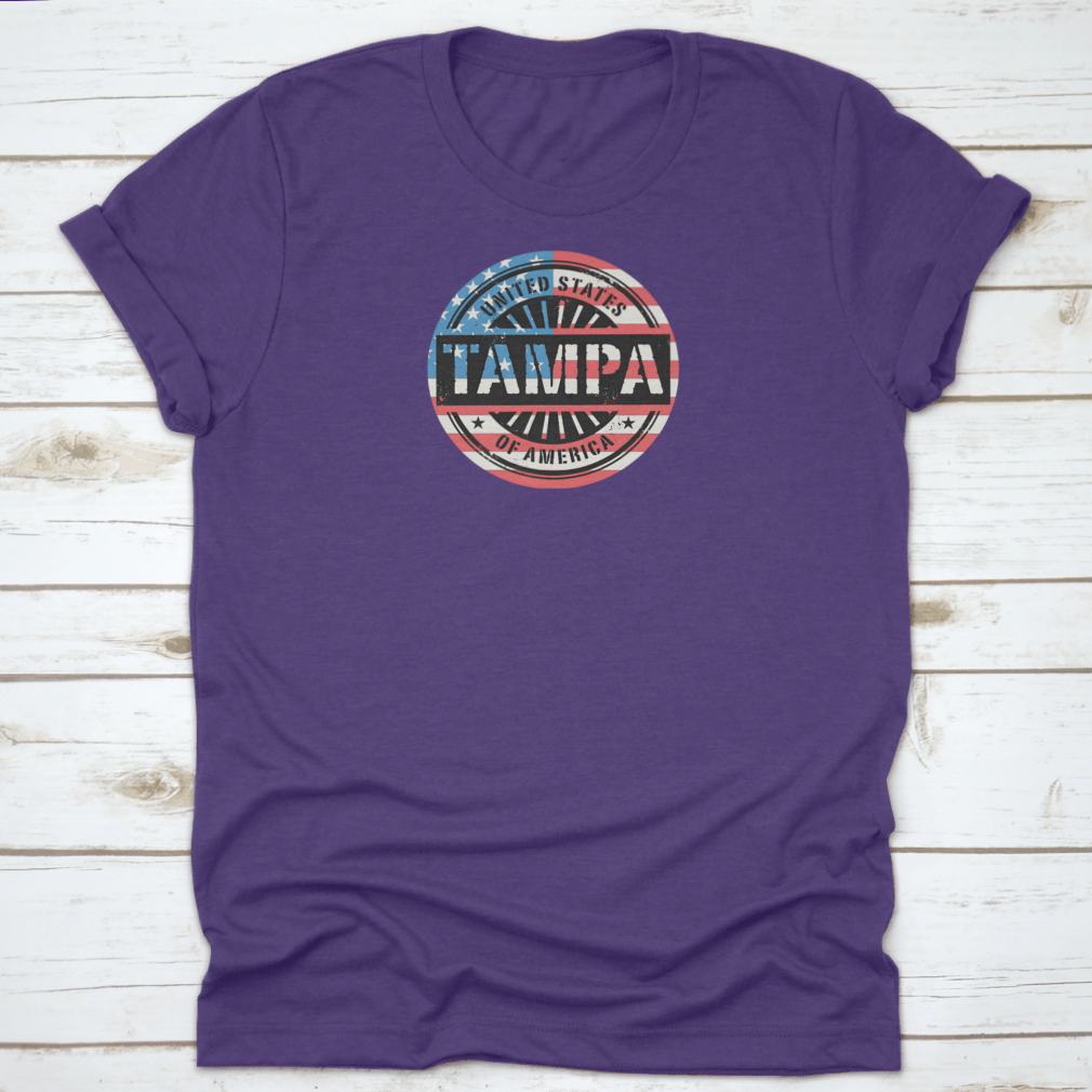 Tampa Grunge Rubber Stamp T-shirt featuring a USA flag vector design, showcasing a classic fit and midweight fabric.