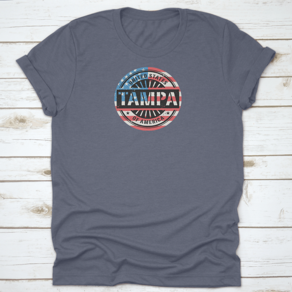 Tampa Grunge Rubber Stamp T-shirt featuring a USA flag vector design, showcasing a classic fit and midweight fabric.